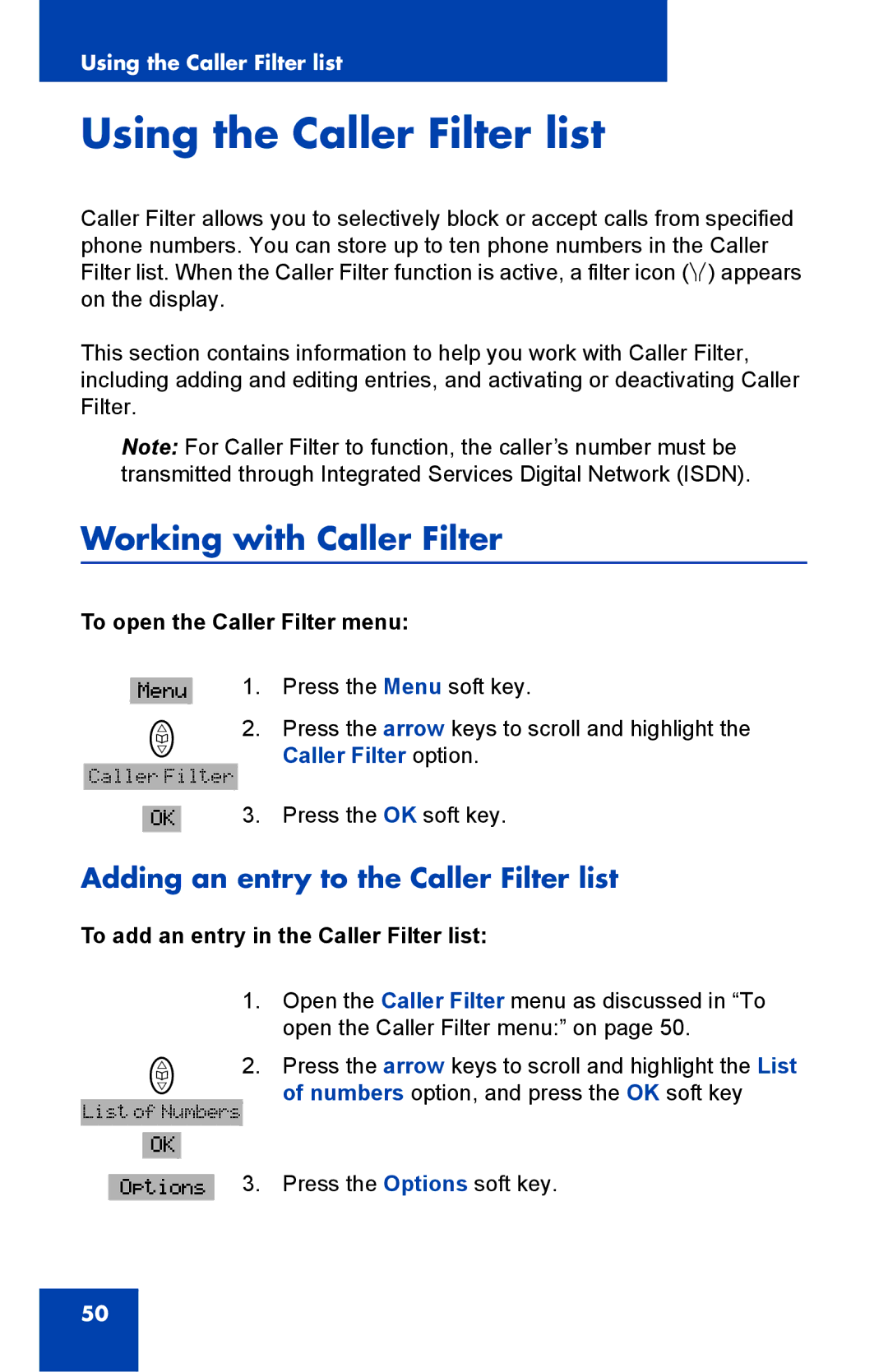 Nortel Networks 4065R Using the Caller Filter list, Working with Caller Filter, Adding an entry to the Caller Filter list 