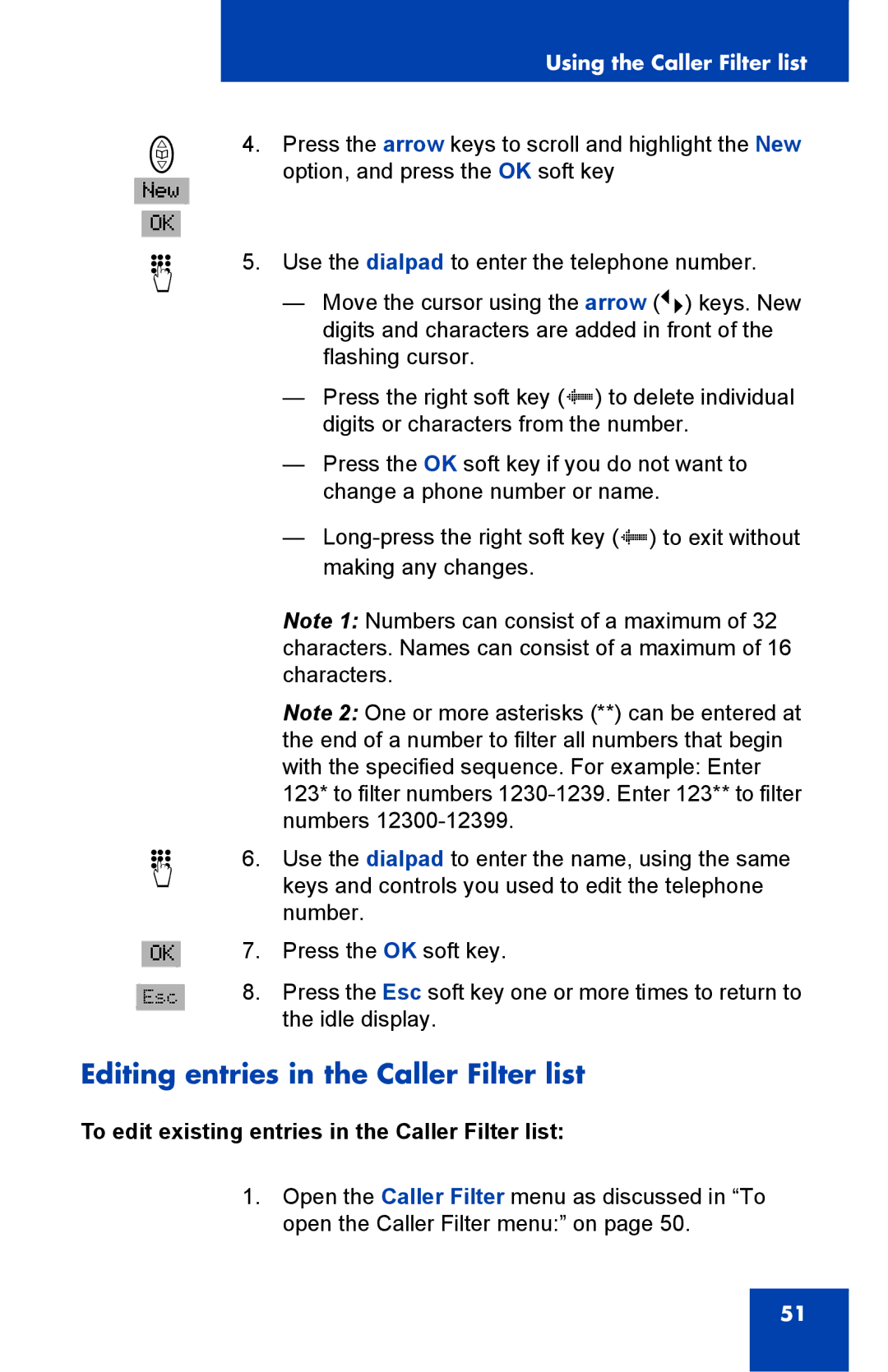 Nortel Networks 4065R manual Editing entries in the Caller Filter list, To edit existing entries in the Caller Filter list 