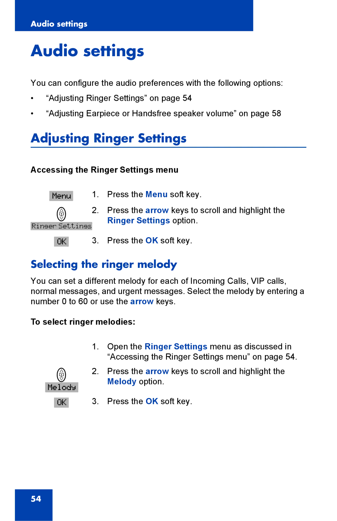 Nortel Networks 4065R manual Audio settings, Adjusting Ringer Settings, Selecting the ringer melody, Ringer Settings option 