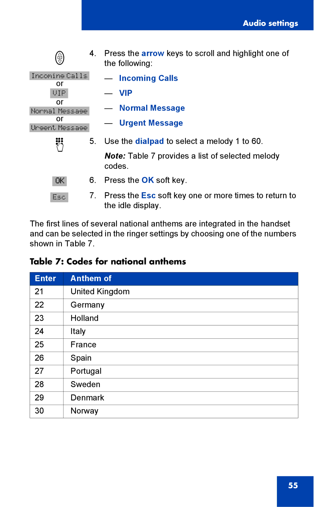 Nortel Networks 4065R manual Incoming Calls, Codes for national anthems 