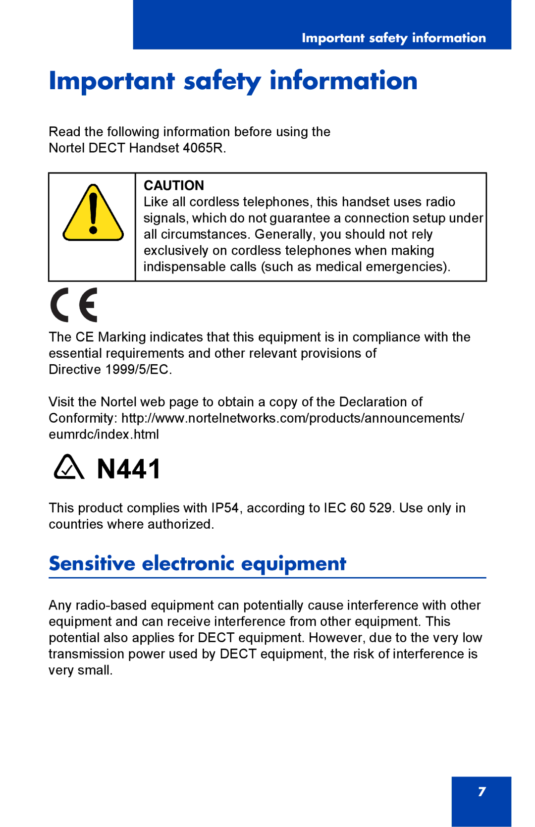 Nortel Networks 4065R manual Important safety information, Sensitive electronic equipment 