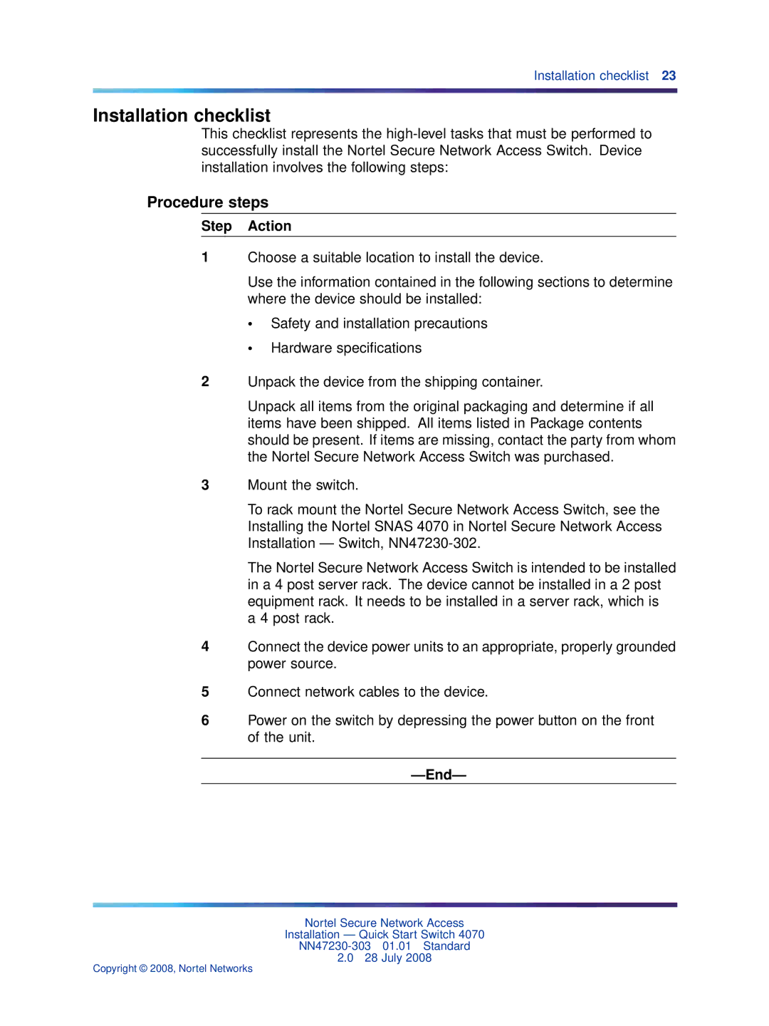 Nortel Networks 4070 quick start Installation checklist, Procedure steps 