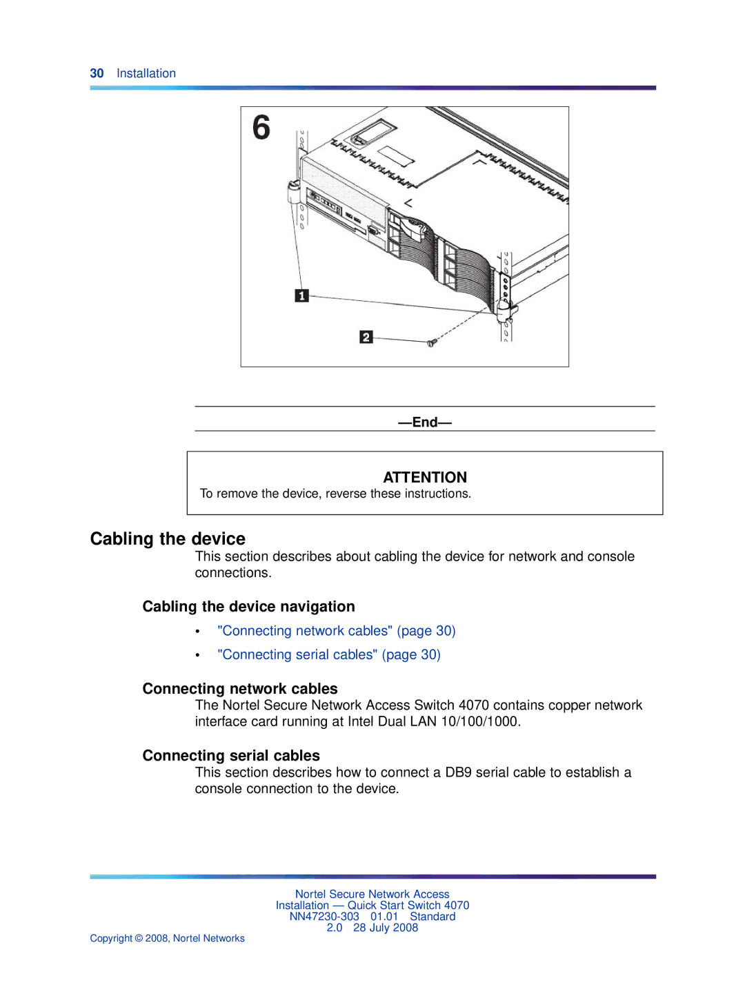 Nortel Networks 4070 quick start Cabling the device navigation, Connecting network cables, Connecting serial cables 