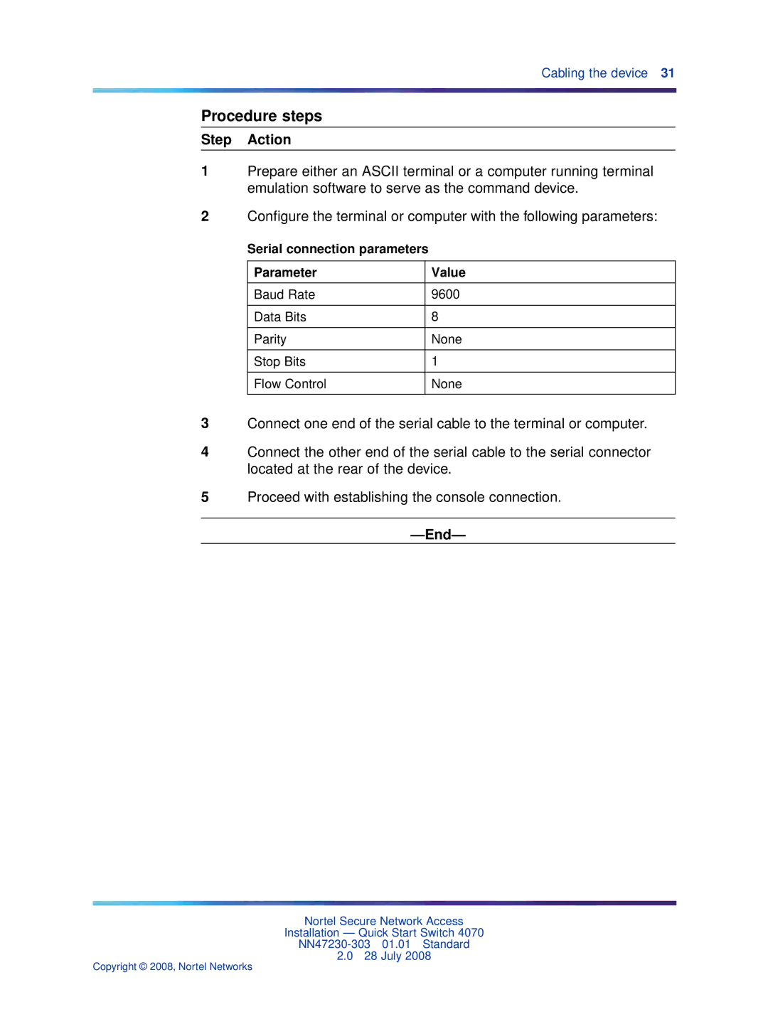 Nortel Networks 4070 quick start Serial connection parameters Parameter Value 