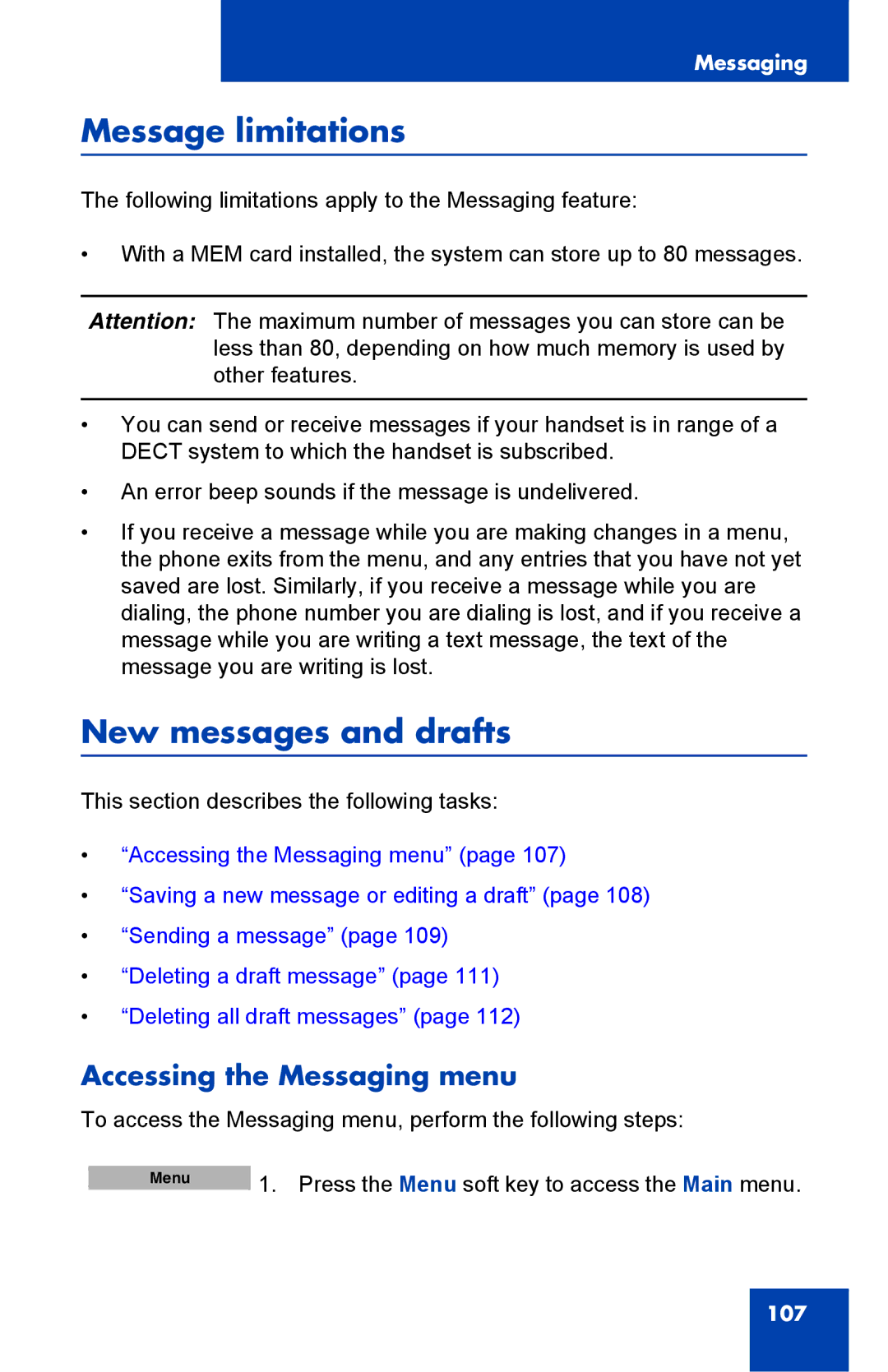 Nortel Networks 4075 manual Message limitations, New messages and drafts, Accessing the Messaging menu 