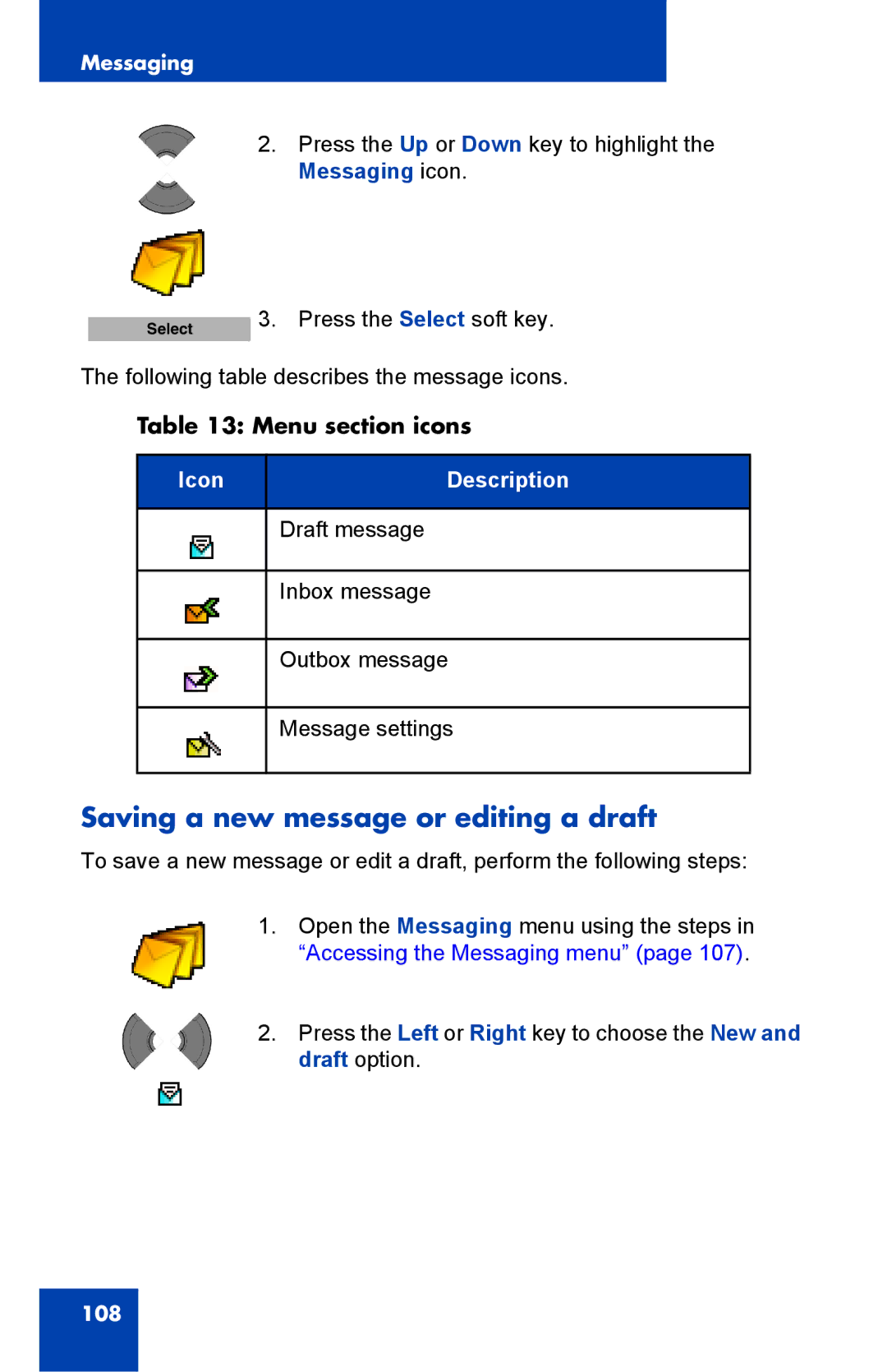 Nortel Networks 4075 manual Saving a new message or editing a draft, Menu section icons 