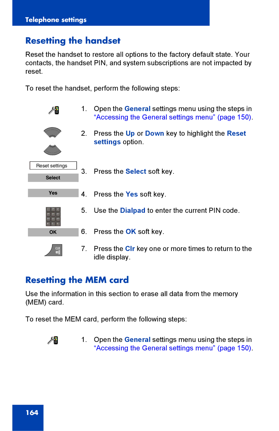 Nortel Networks 4075 manual Resetting the handset, Resetting the MEM card 