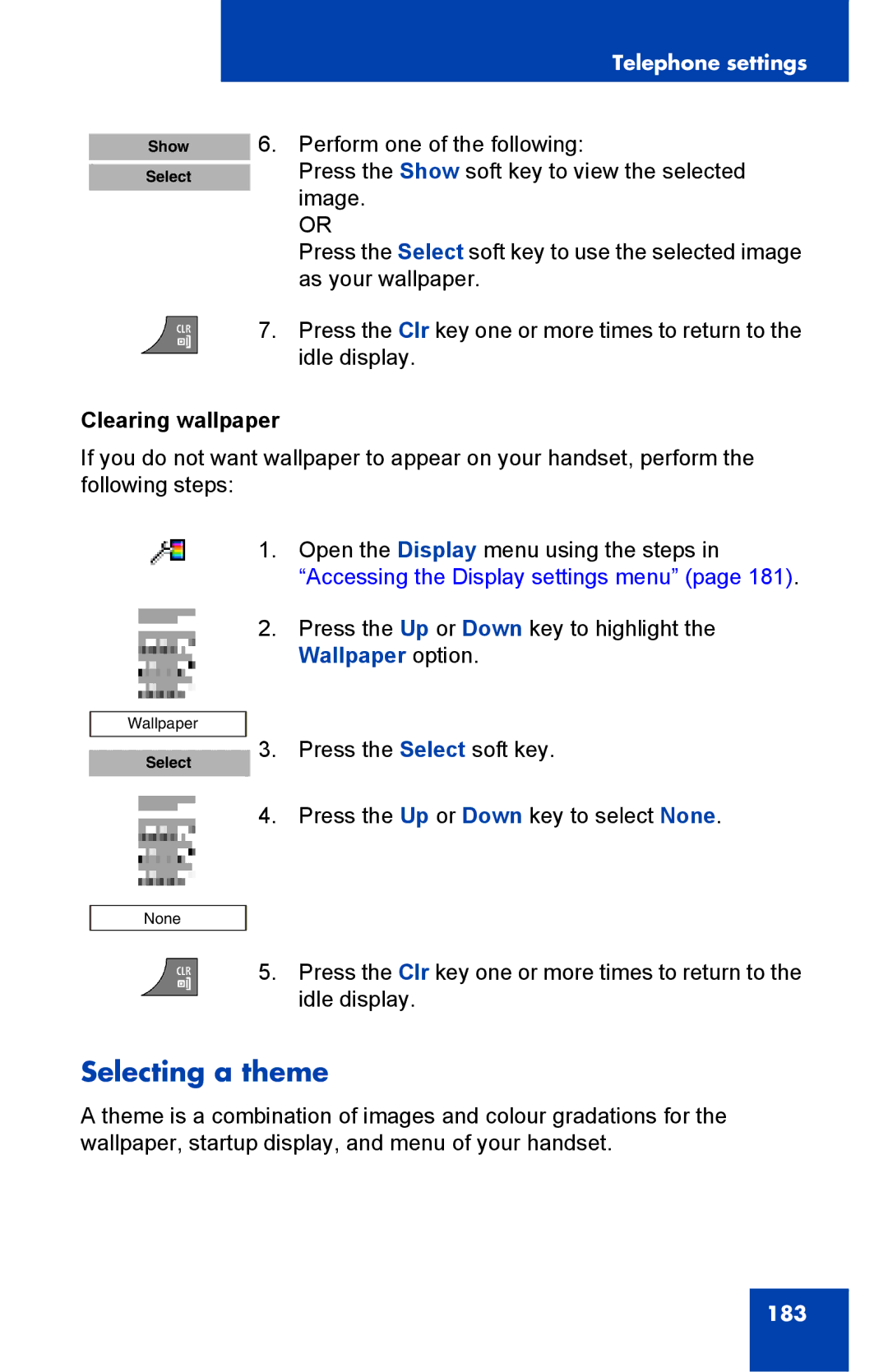 Nortel Networks 4075 manual Selecting a theme, Clearing wallpaper 