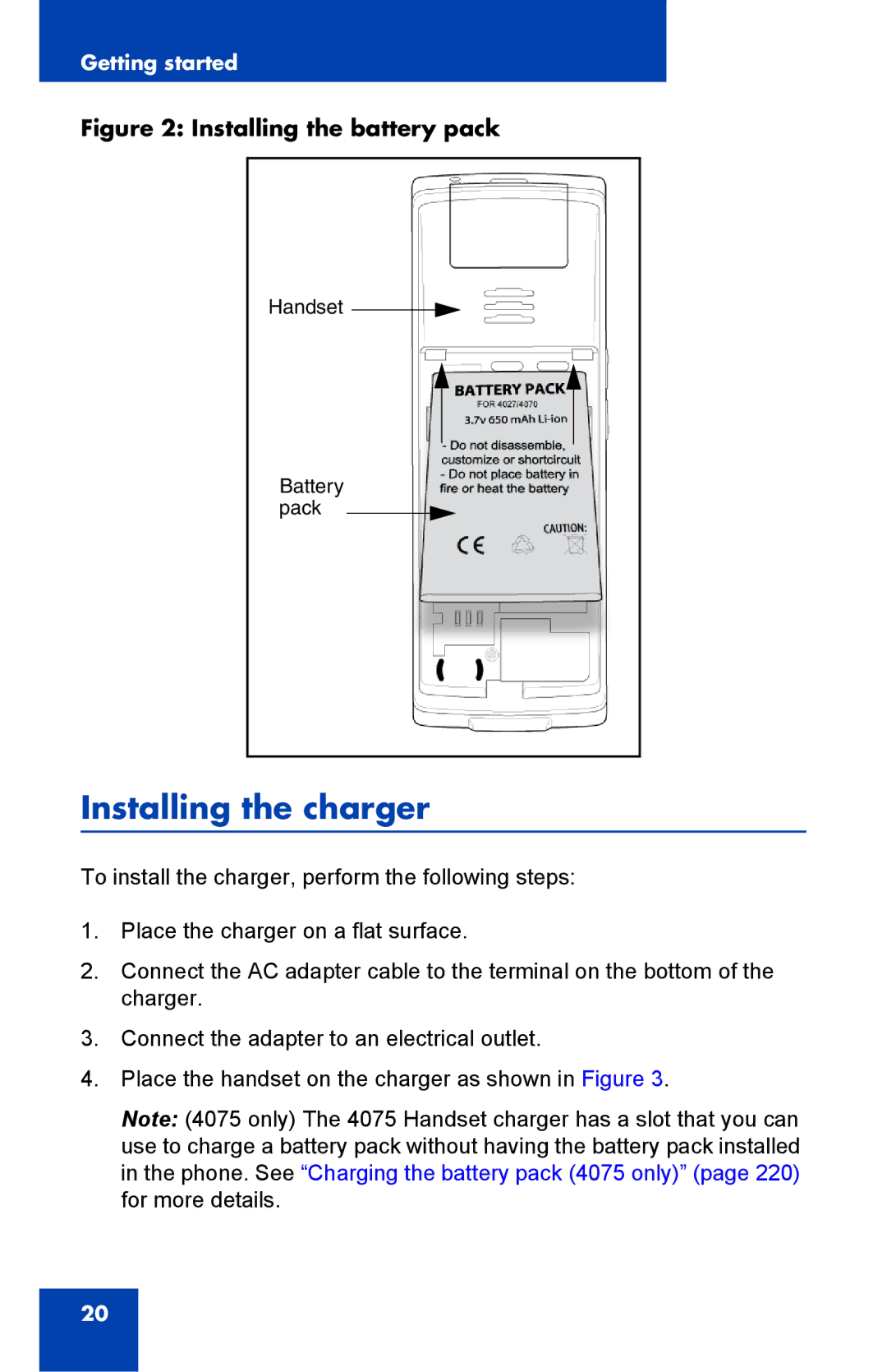 Nortel Networks 4075 manual Installing the charger, Installing the battery pack 