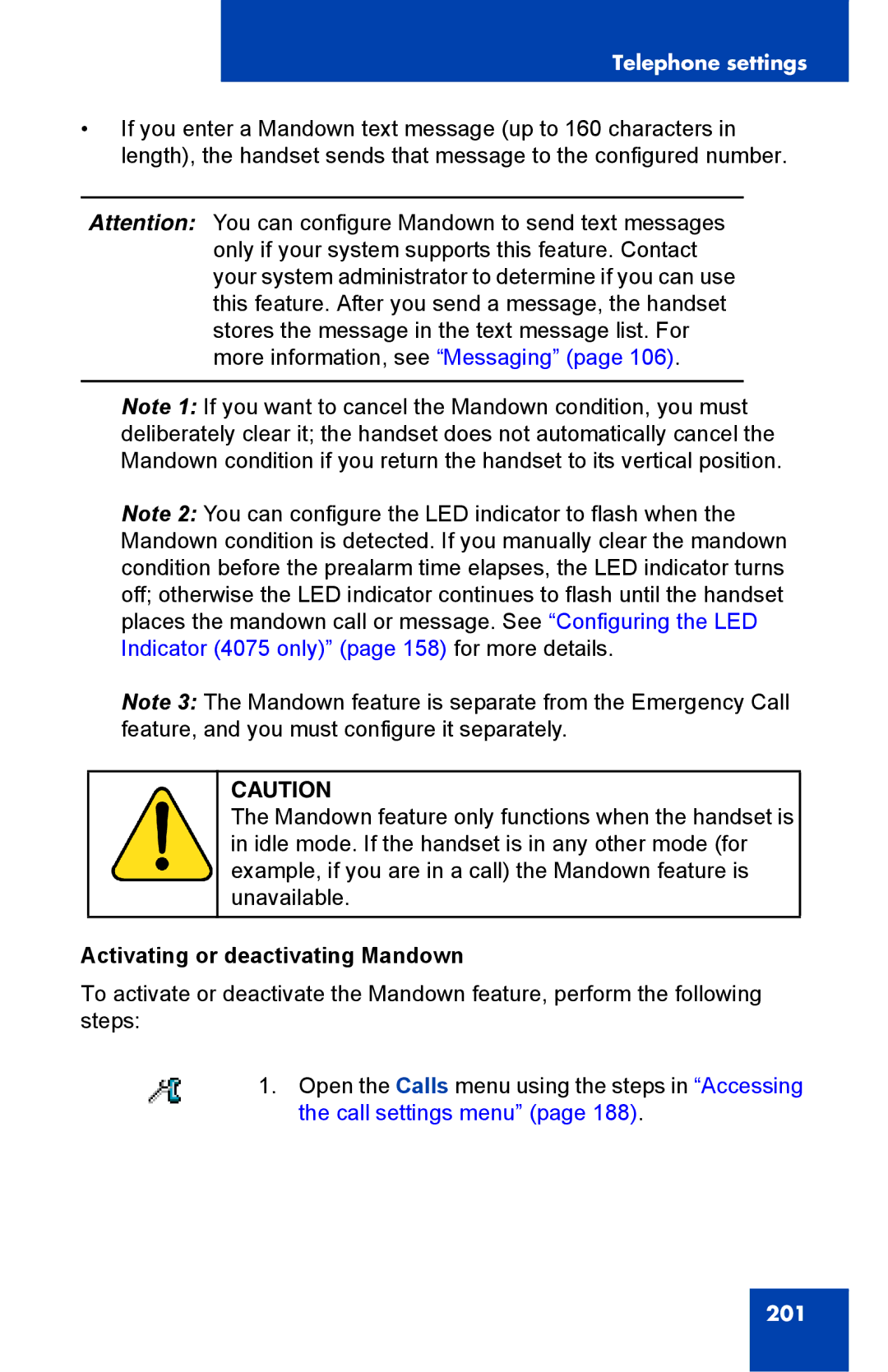 Nortel Networks 4075 manual Activating or deactivating Mandown 