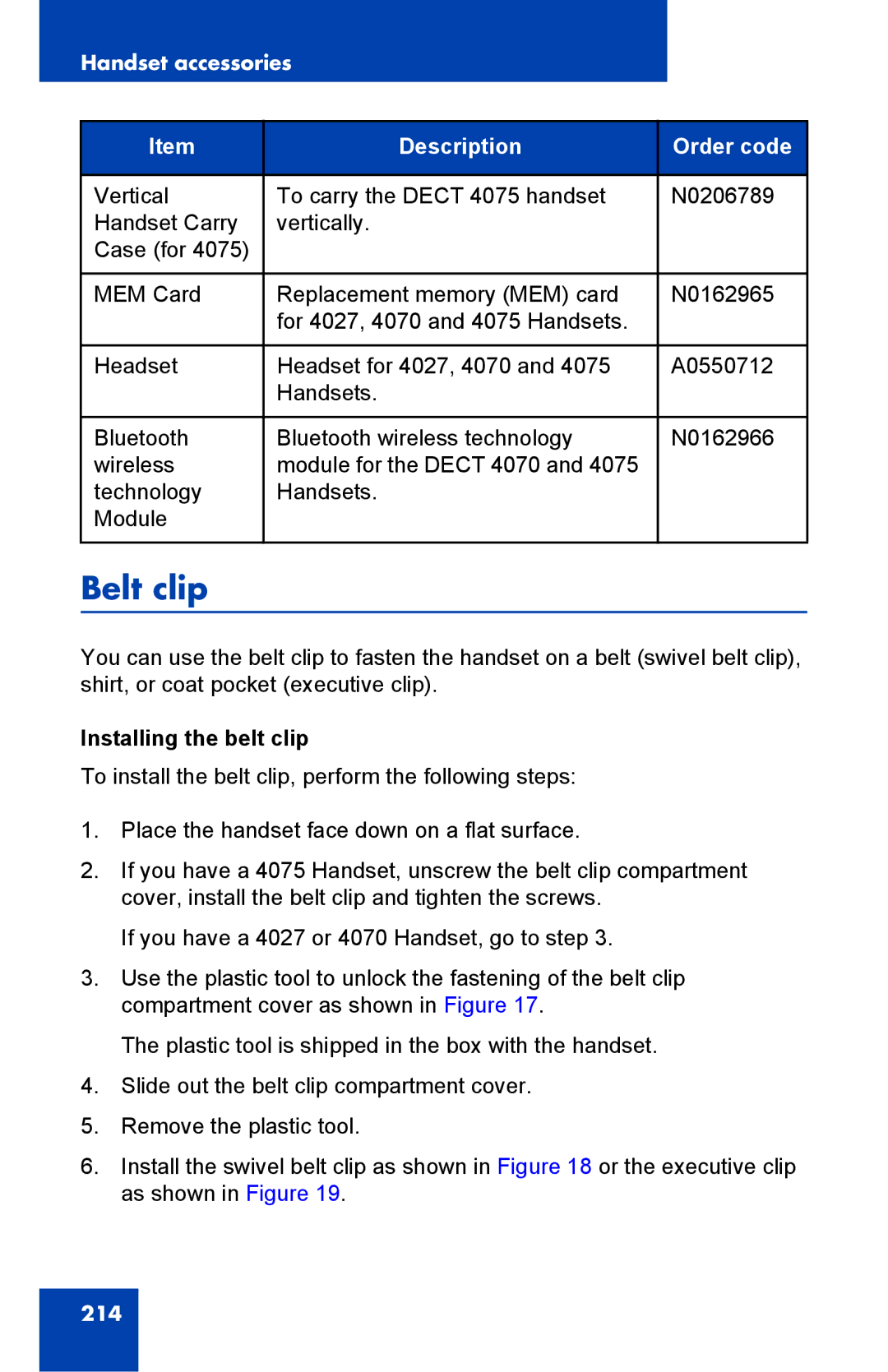 Nortel Networks 4075 manual Belt clip, Installing the belt clip 