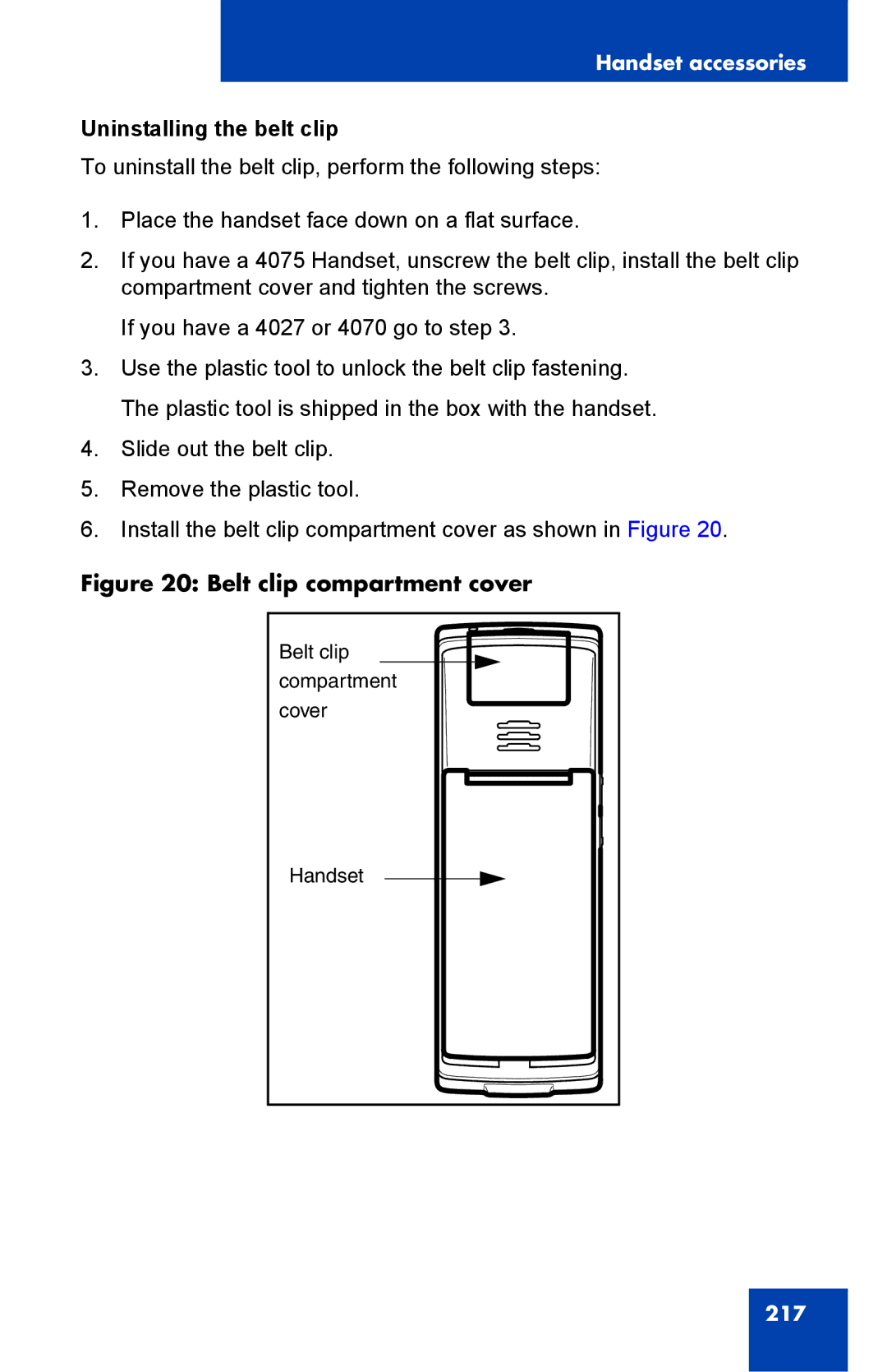 Nortel Networks 4075 manual Uninstalling the belt clip, Belt clip compartment cover 