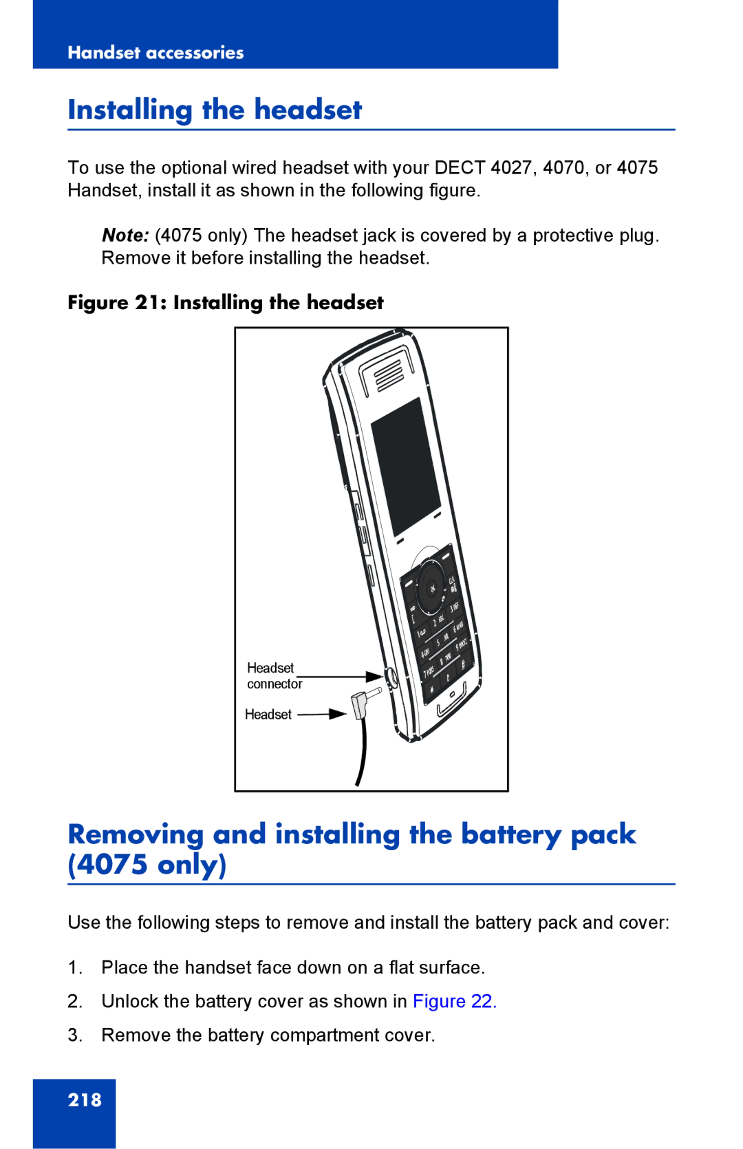 Nortel Networks manual Installing the headset, Removing and installing the battery pack 4075 only 