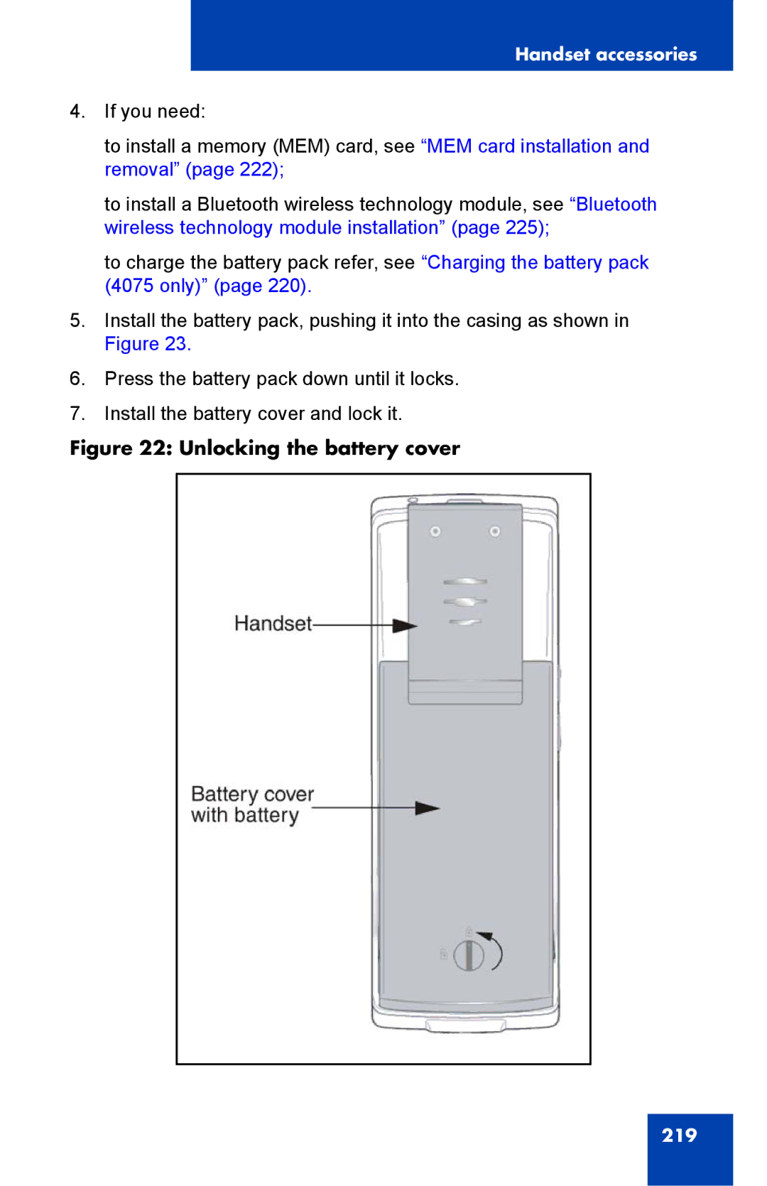 Nortel Networks 4075 manual Unlocking the battery cover 