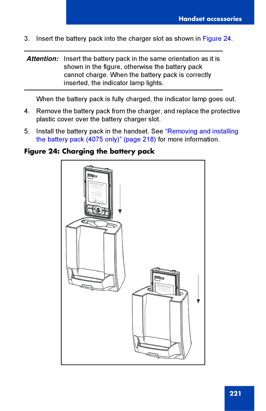 Nortel Networks 4075 manual Charging the battery pack 