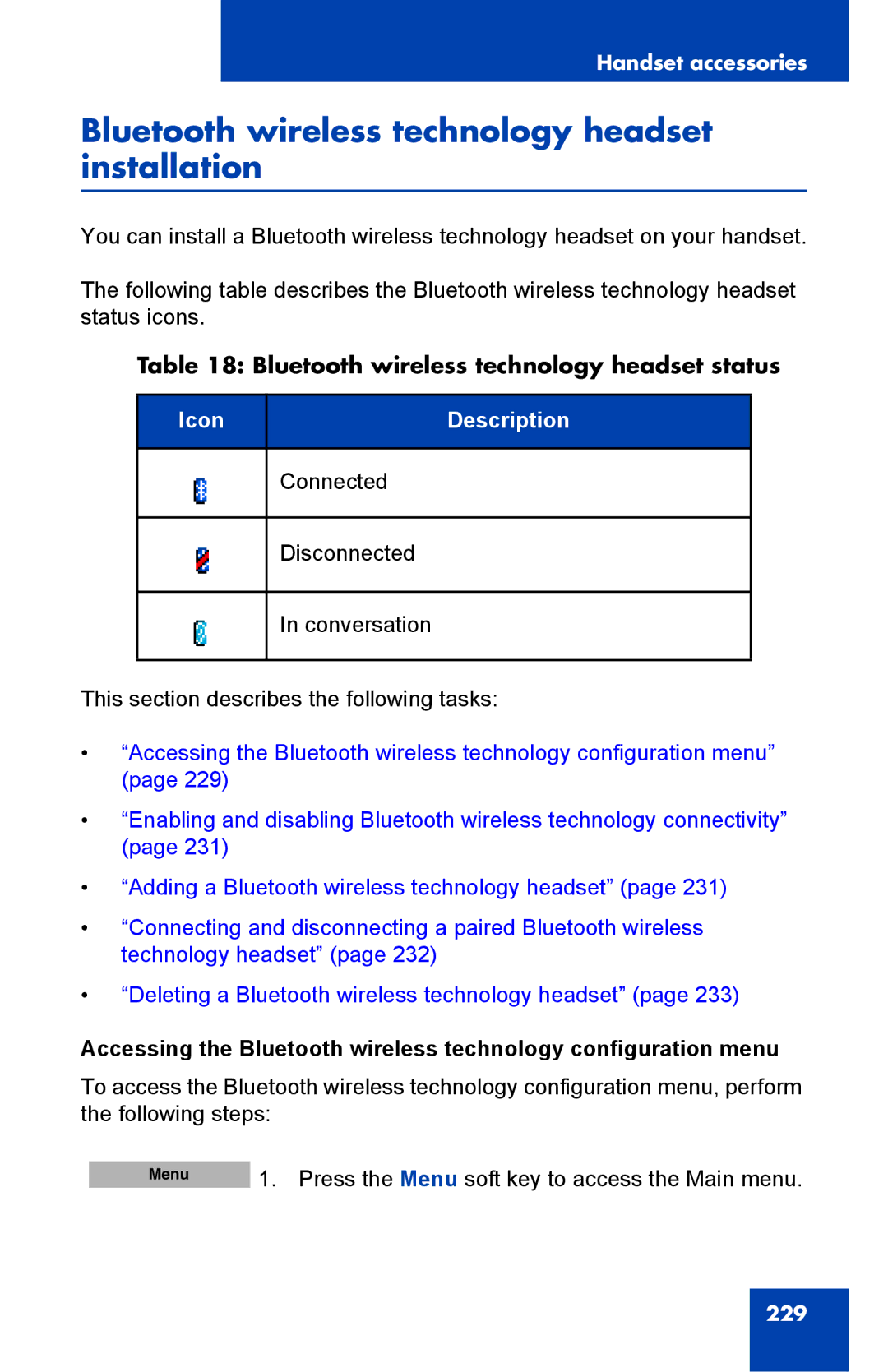 Nortel Networks 4075 Bluetooth wireless technology headset installation, Bluetooth wireless technology headset status 