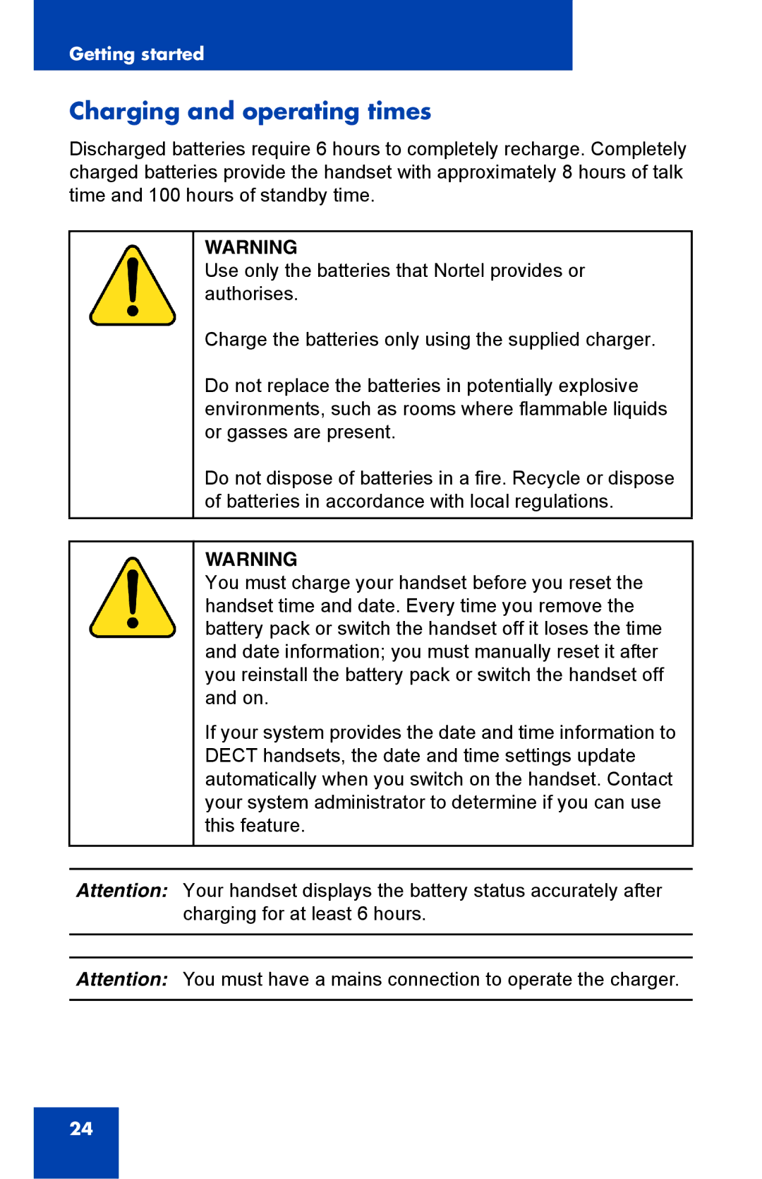 Nortel Networks 4075 manual Charging and operating times 