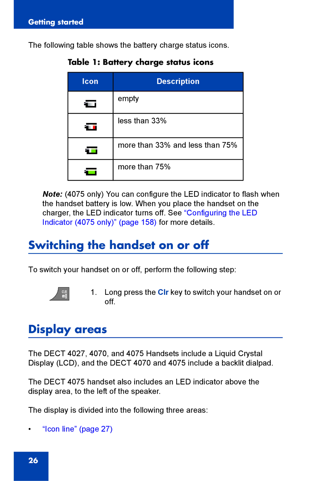 Nortel Networks 4075 manual Switching the handset on or off, Display areas, Battery charge status icons 