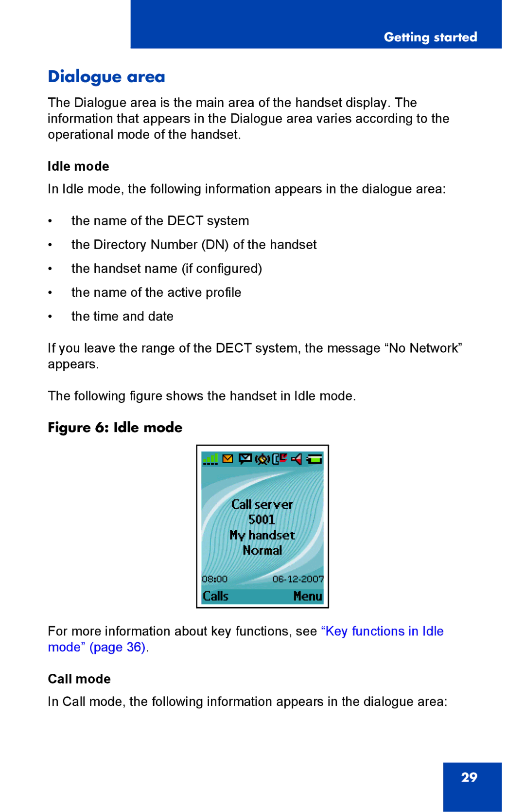 Nortel Networks 4075 manual Dialogue area, Idle mode, Call mode 