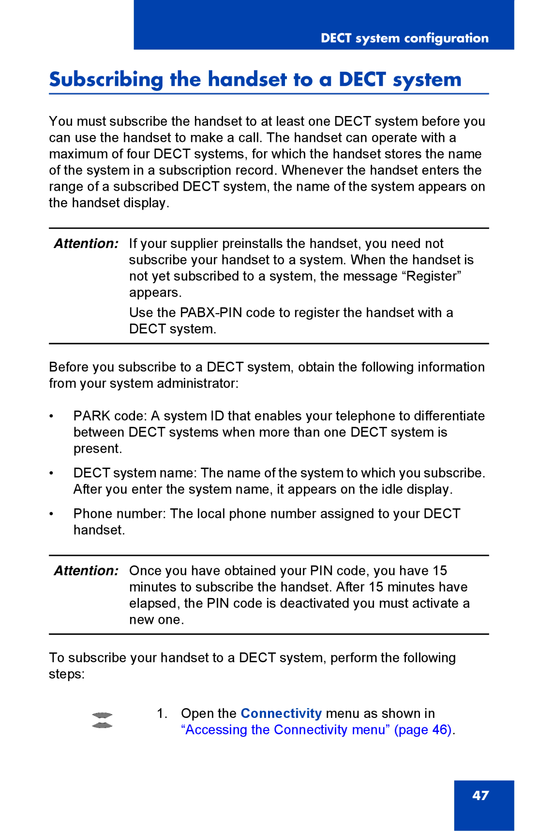 Nortel Networks 4075 manual Subscribing the handset to a Dect system 