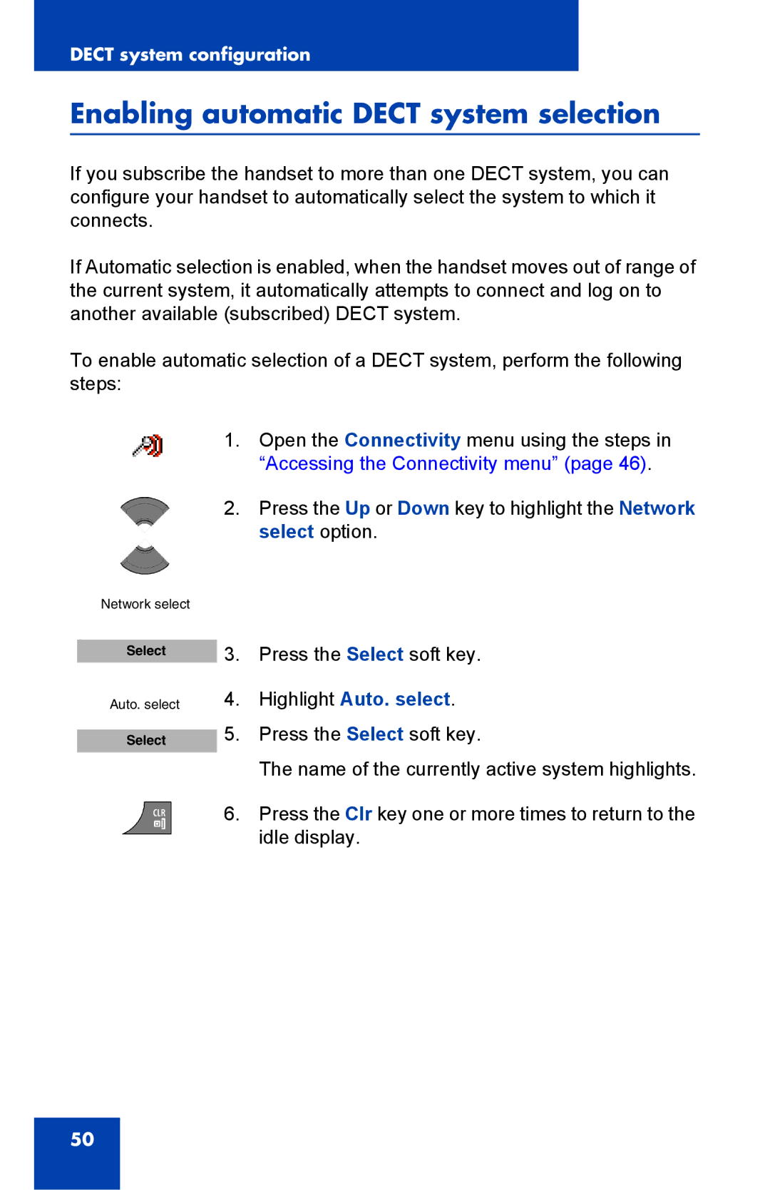 Nortel Networks 4075 manual Enabling automatic Dect system selection, Highlight Auto. select 