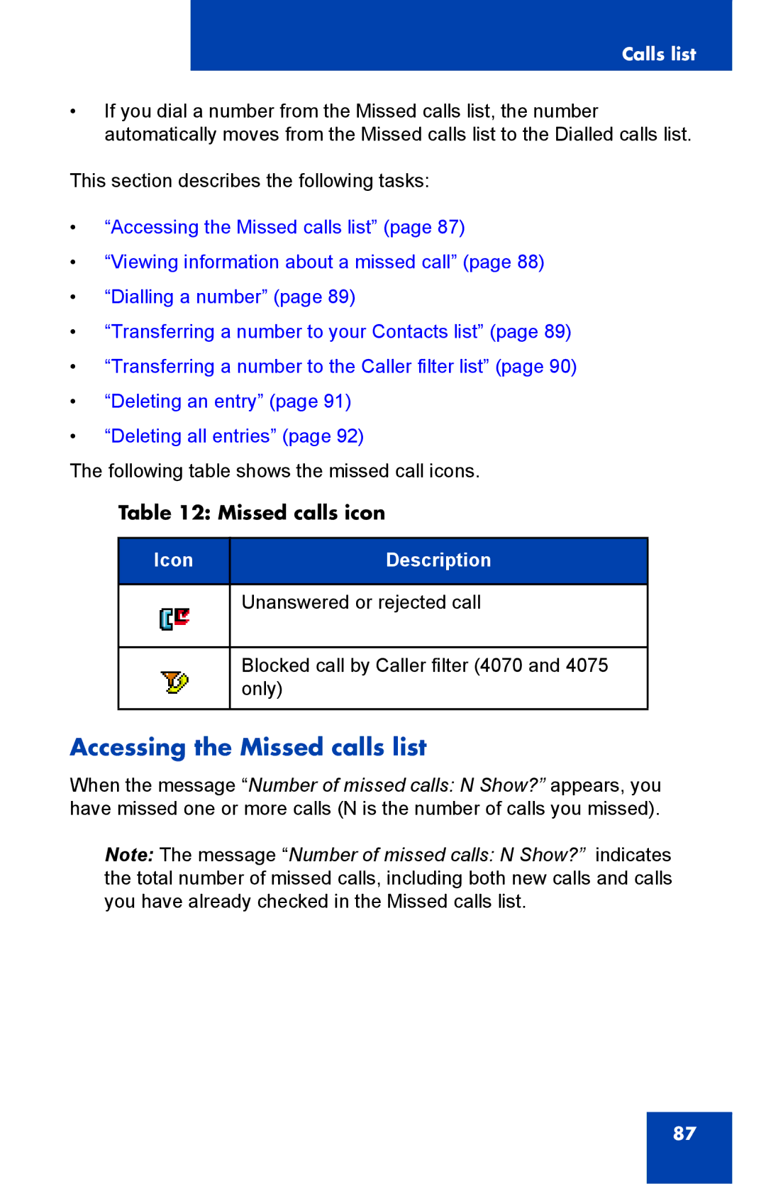 Nortel Networks 4075 manual Accessing the Missed calls list, Missed calls icon 