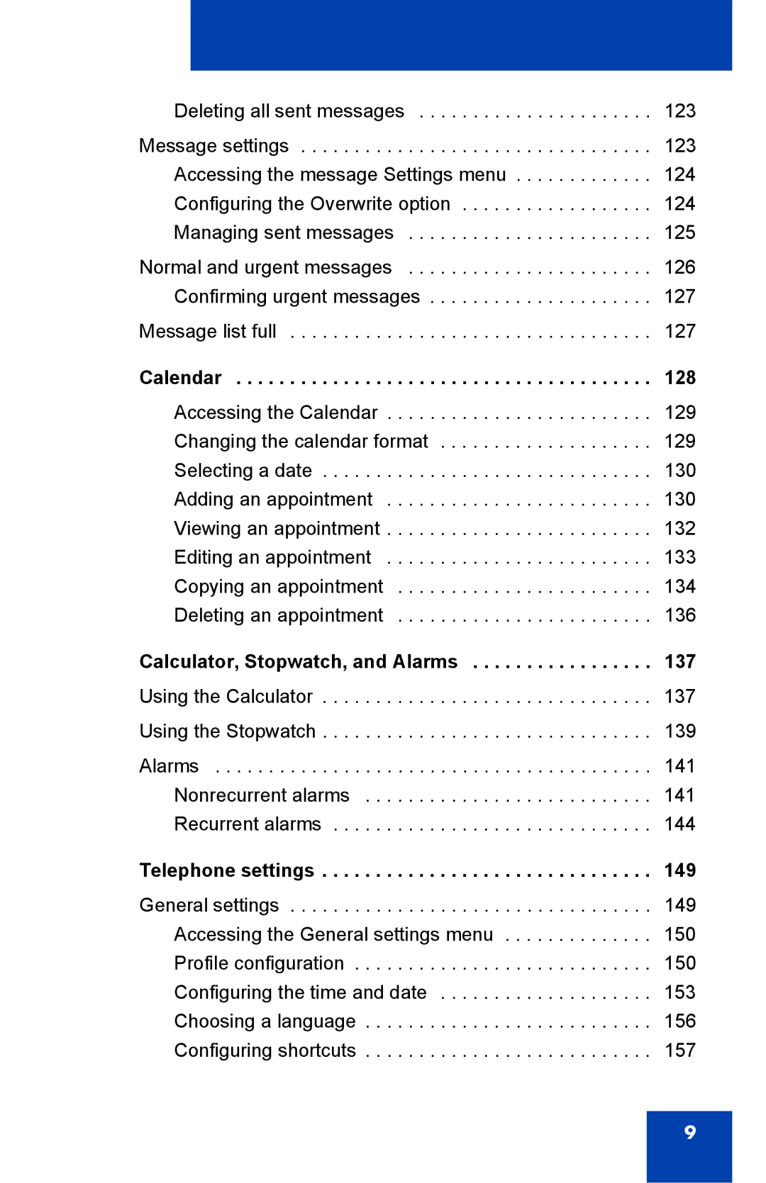 Nortel Networks 4075 manual Calendar, Calculator, Stopwatch, and Alarms, Telephone settings 