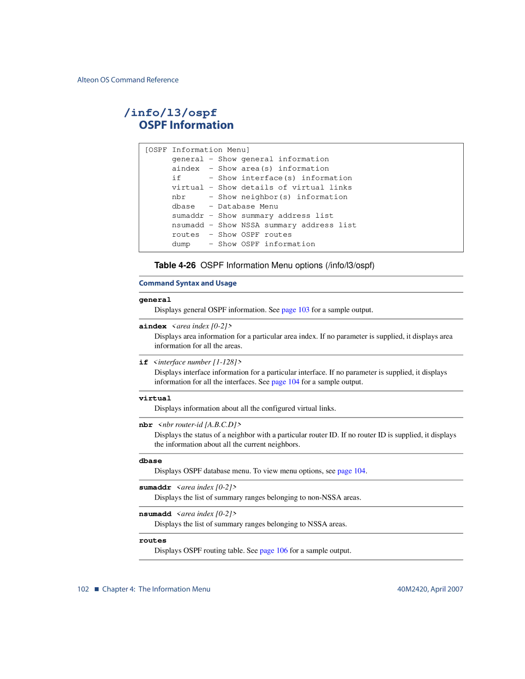 Nortel Networks 40M2420 manual Info/l3/ospf, Ospf Information, 26OSPF Information Menu options /info/l3/ospf 