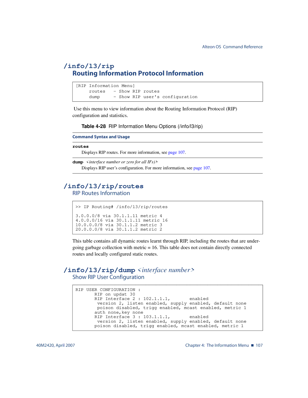 Nortel Networks 40M2420 manual Routing Information Protocol Information, Info/l3/rip/routes 