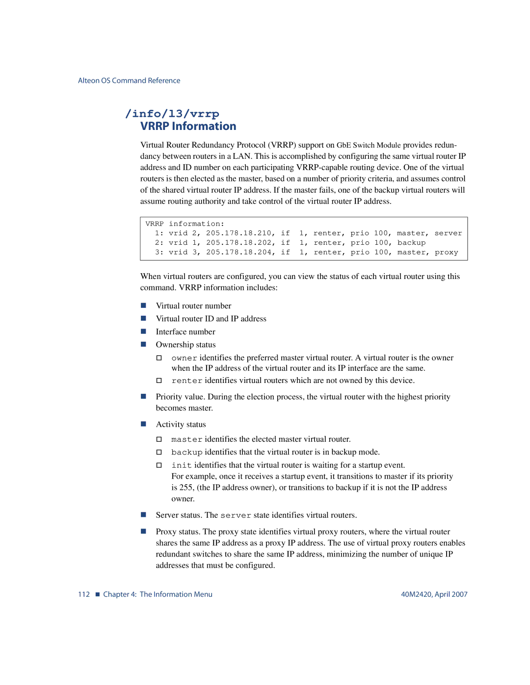 Nortel Networks 40M2420 manual Info/l3/vrrp, Vrrp Information 