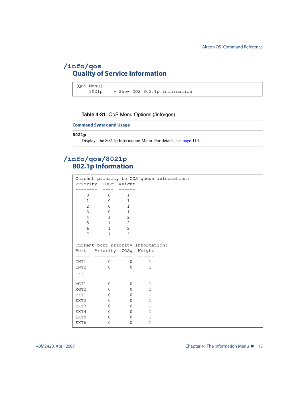 Nortel Networks 40M2420 manual Quality of Service Information, Info/qos/8021p, 802.1p Information 