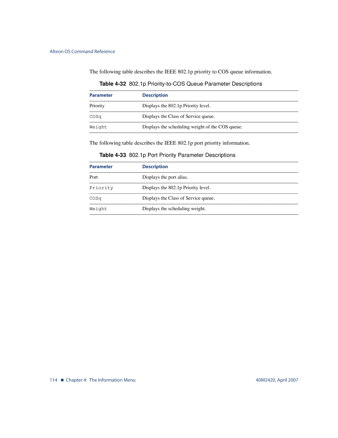 Nortel Networks 40M2420 manual 32802.1p Priority-to-COS Queue Parameter Descriptions 