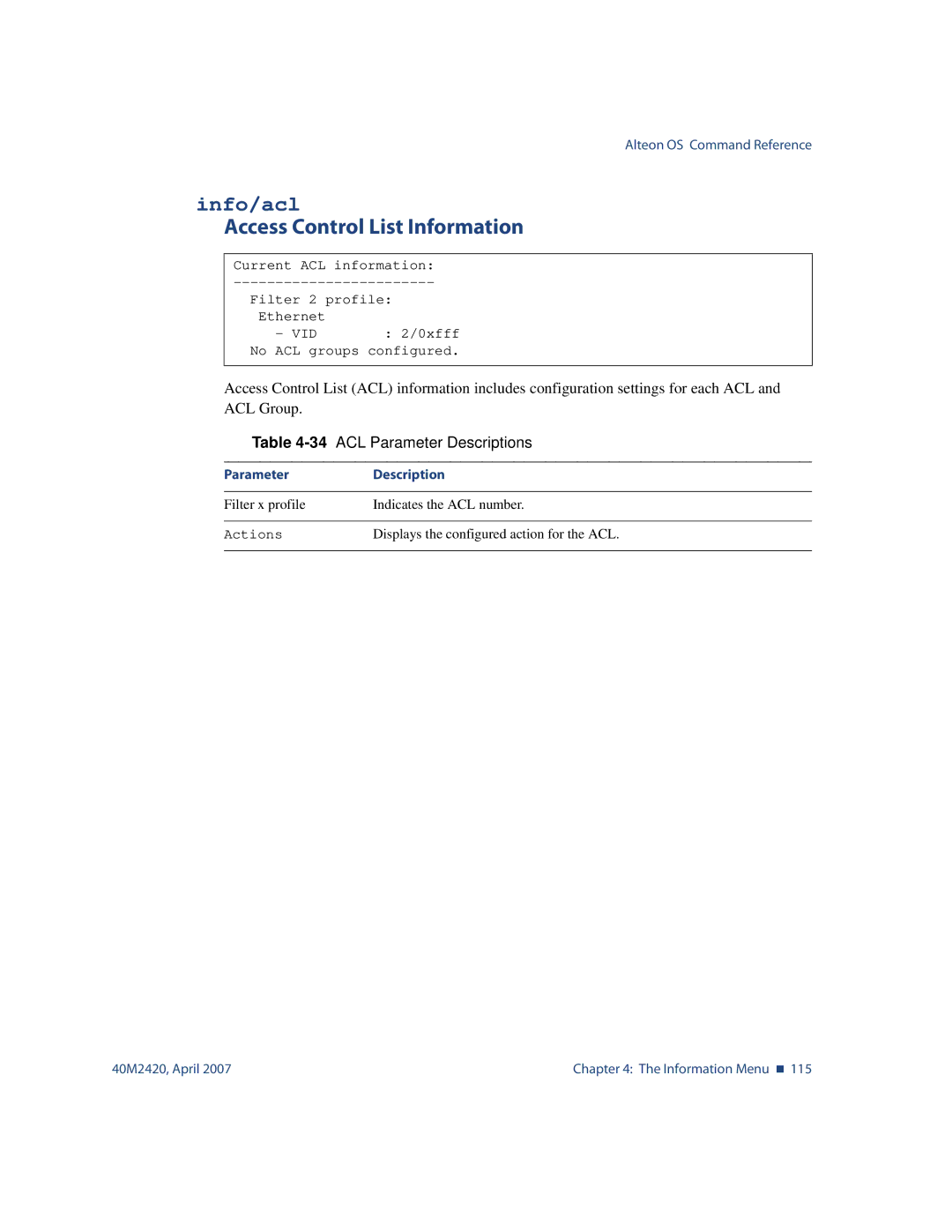 Nortel Networks 40M2420 manual Info/acl, Access Control List Information, 34ACL Parameter Descriptions 