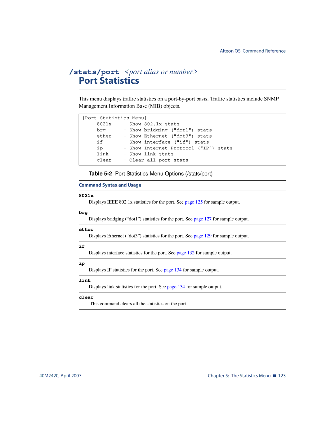 Nortel Networks 40M2420 manual 2Port Statistics Menu Options /stats/port, Brg, Ether, Clear 