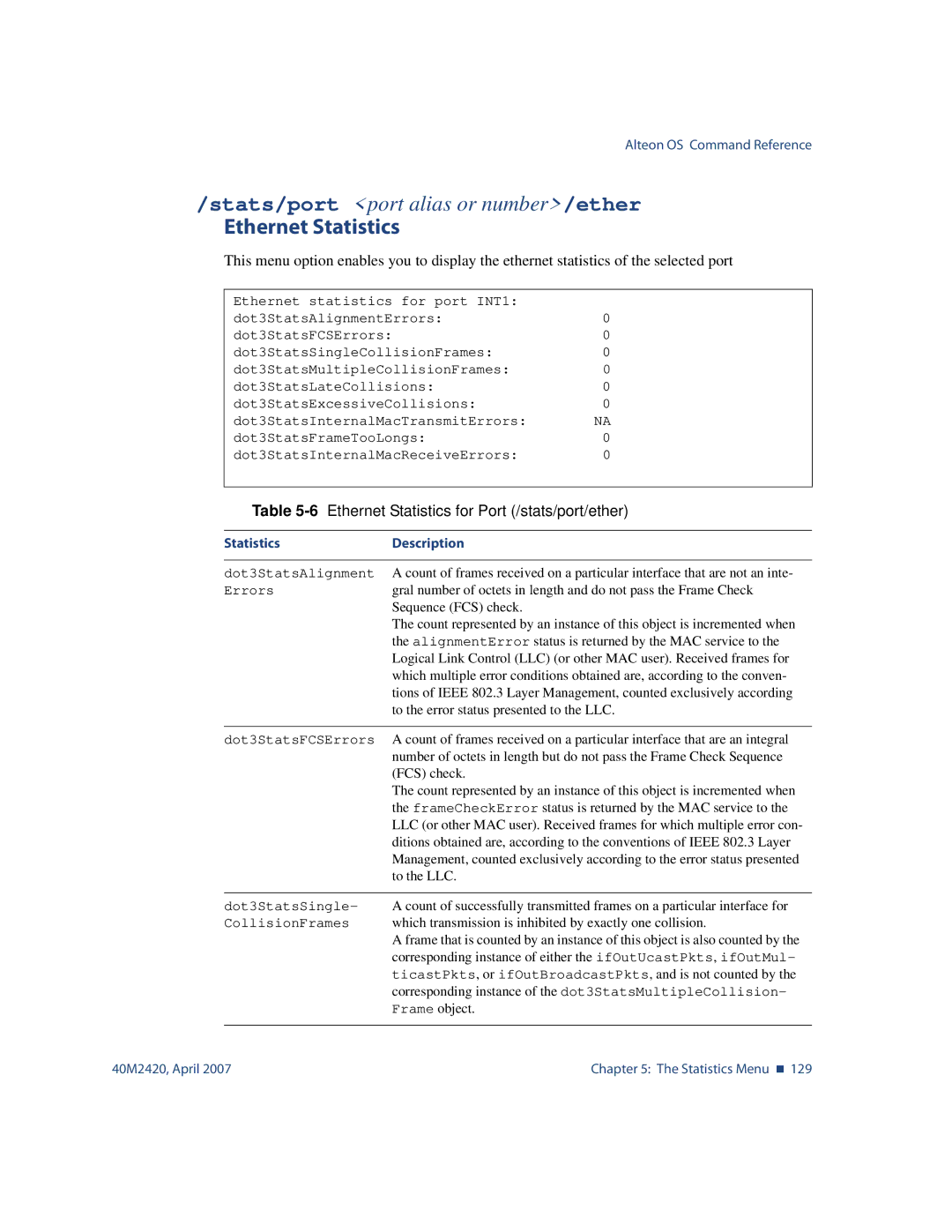 Nortel Networks 40M2420 manual 6Ethernet Statistics for Port /stats/port/ether 