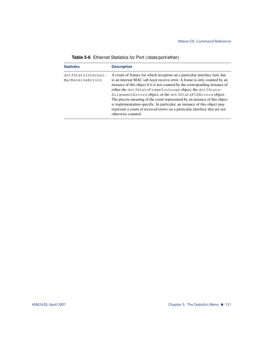 Nortel Networks 40M2420 manual 6Ethernet Statistics for Port /stats/port/ether 