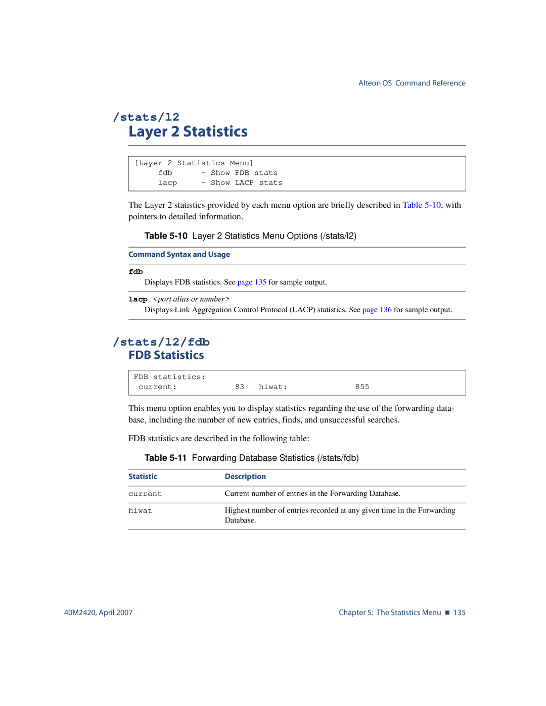 Nortel Networks 40M2420 manual Layer 2 Statistics, Stats/l2/fdb, FDB Statistics 