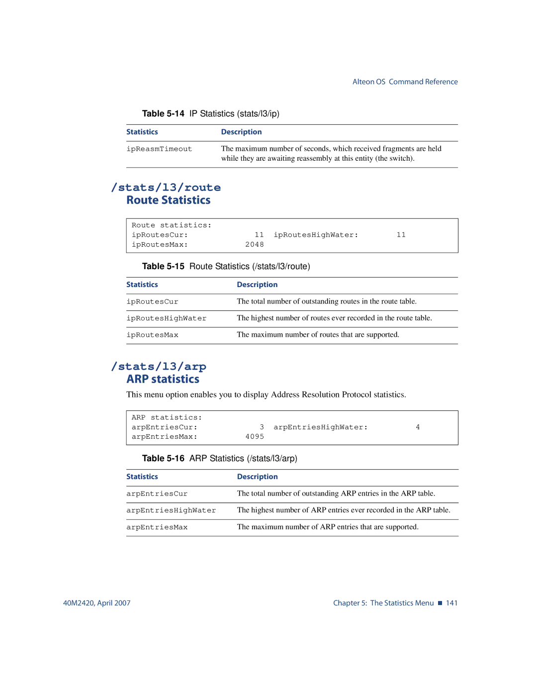 Nortel Networks 40M2420 manual Stats/l3/route, Stats/l3/arp, ARP statistics, 15Route Statistics /stats/l3/route 