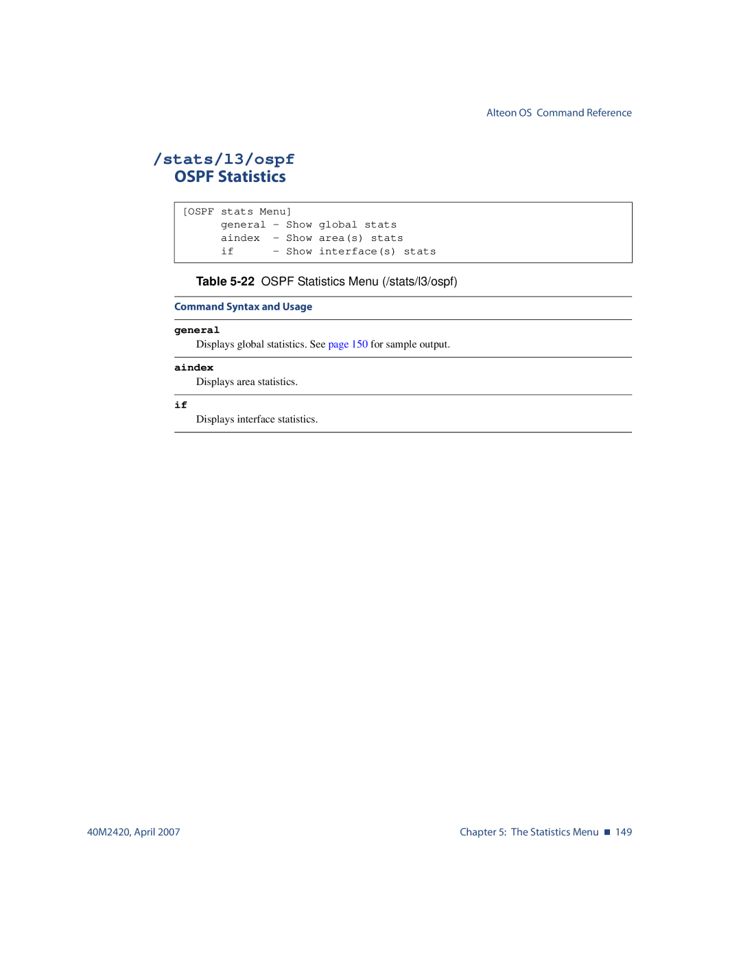 Nortel Networks 40M2420 manual Stats/l3/ospf, Ospf Statistics, 22OSPF Statistics Menu /stats/l3/ospf, Aindex 