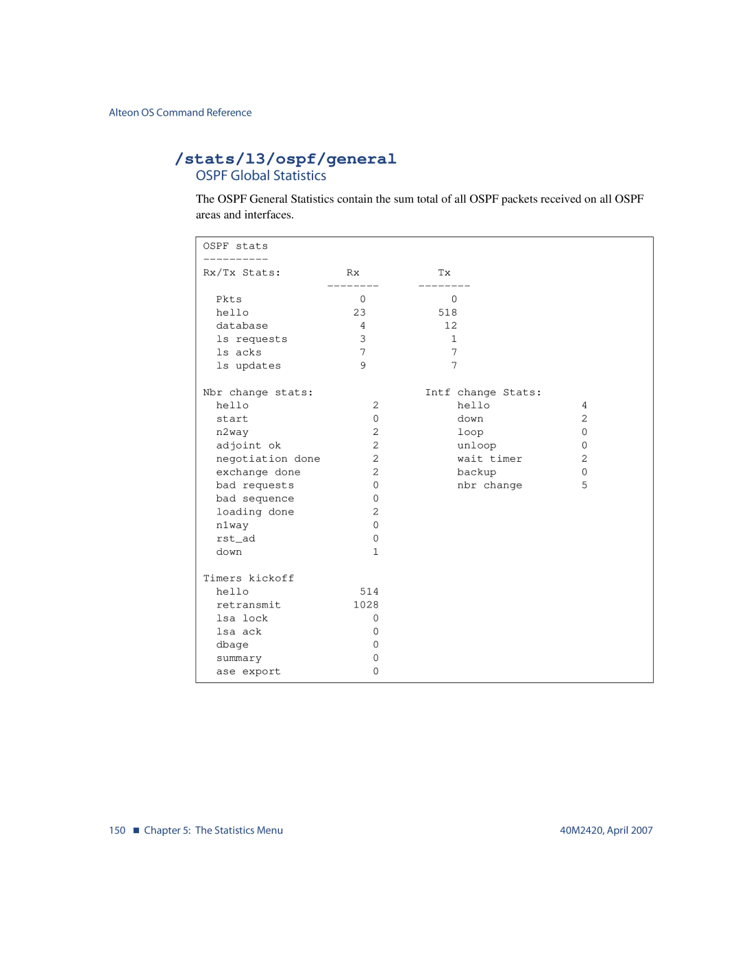 Nortel Networks 40M2420 manual Stats/l3/ospf/general, Ospf Global Statistics 