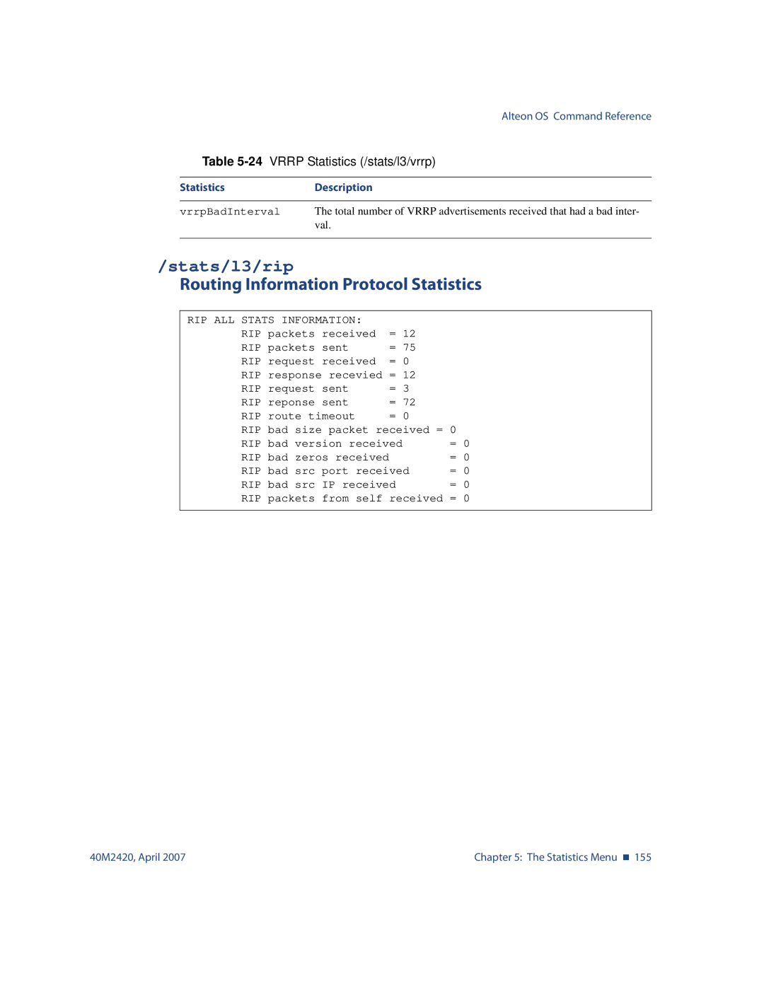 Nortel Networks 40M2420 manual Stats/l3/rip, Routing Information Protocol Statistics 