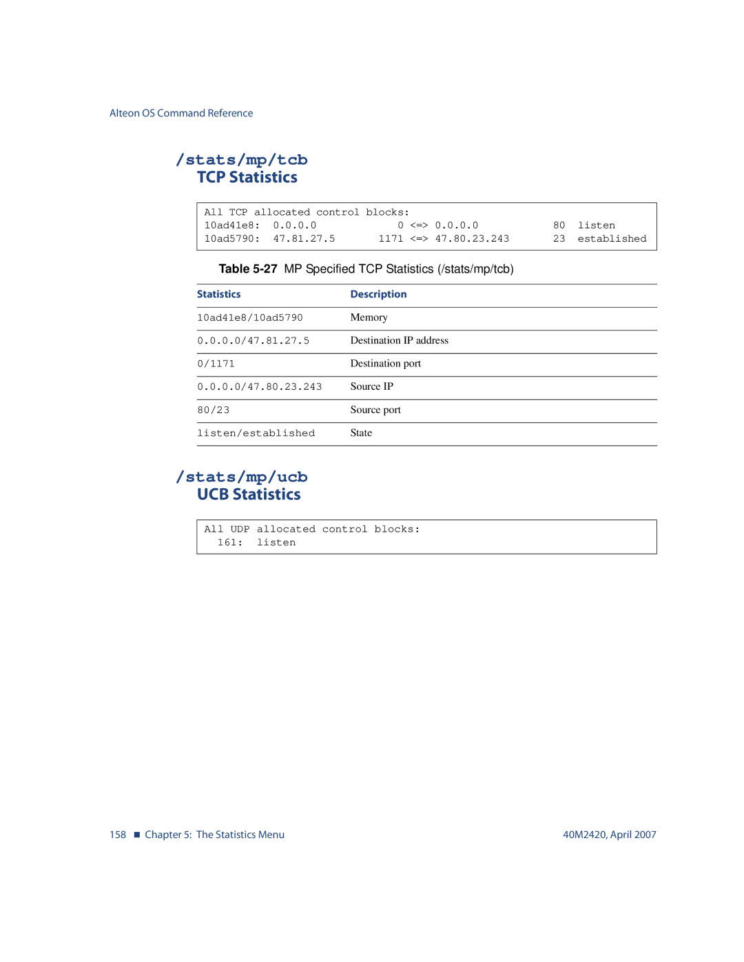 Nortel Networks 40M2420 manual Stats/mp/tcb, Stats/mp/ucb, UCB Statistics, 27MP Specified TCP Statistics /stats/mp/tcb 