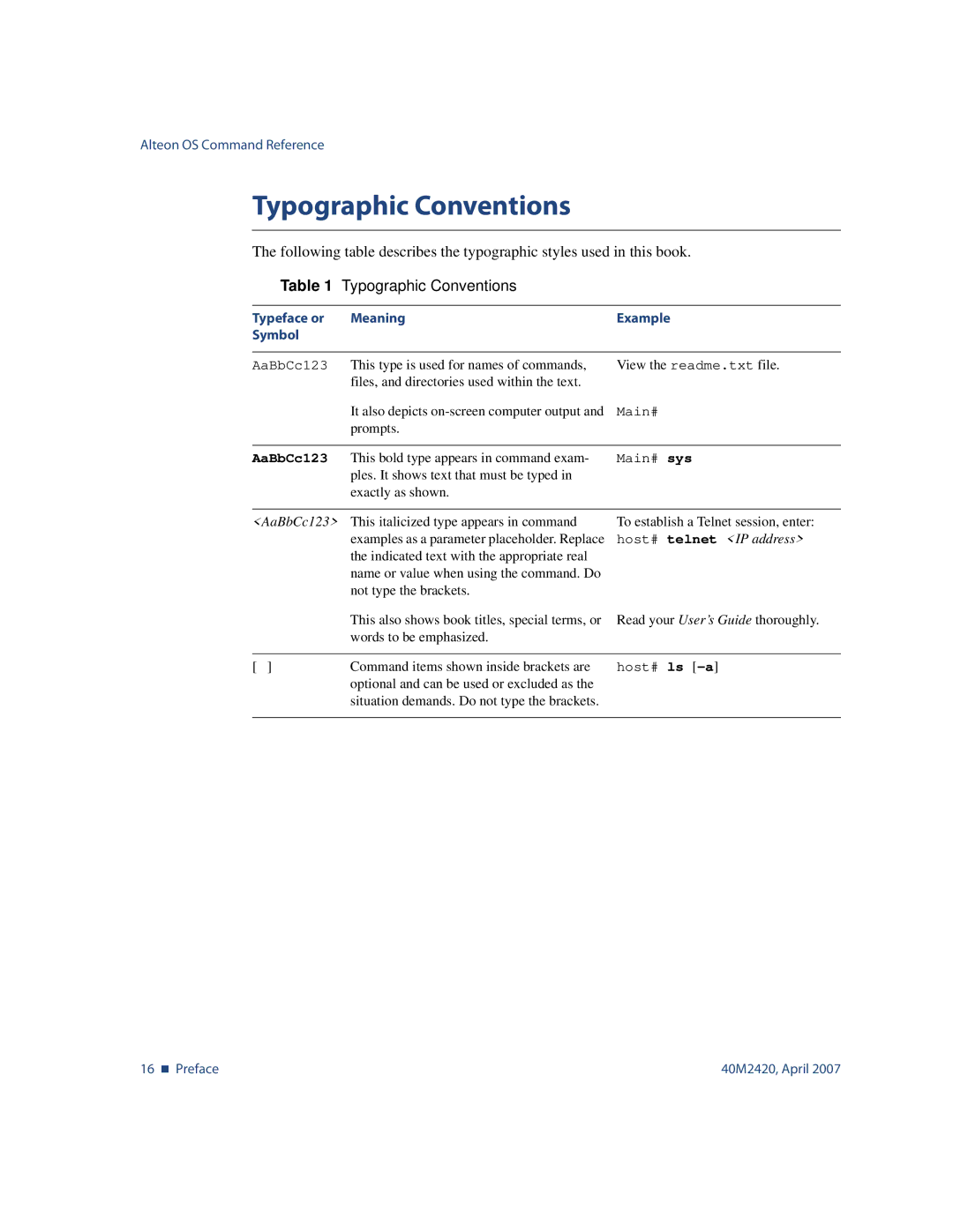 Nortel Networks 40M2420 manual Typographic Conventions, AaBbCc123 