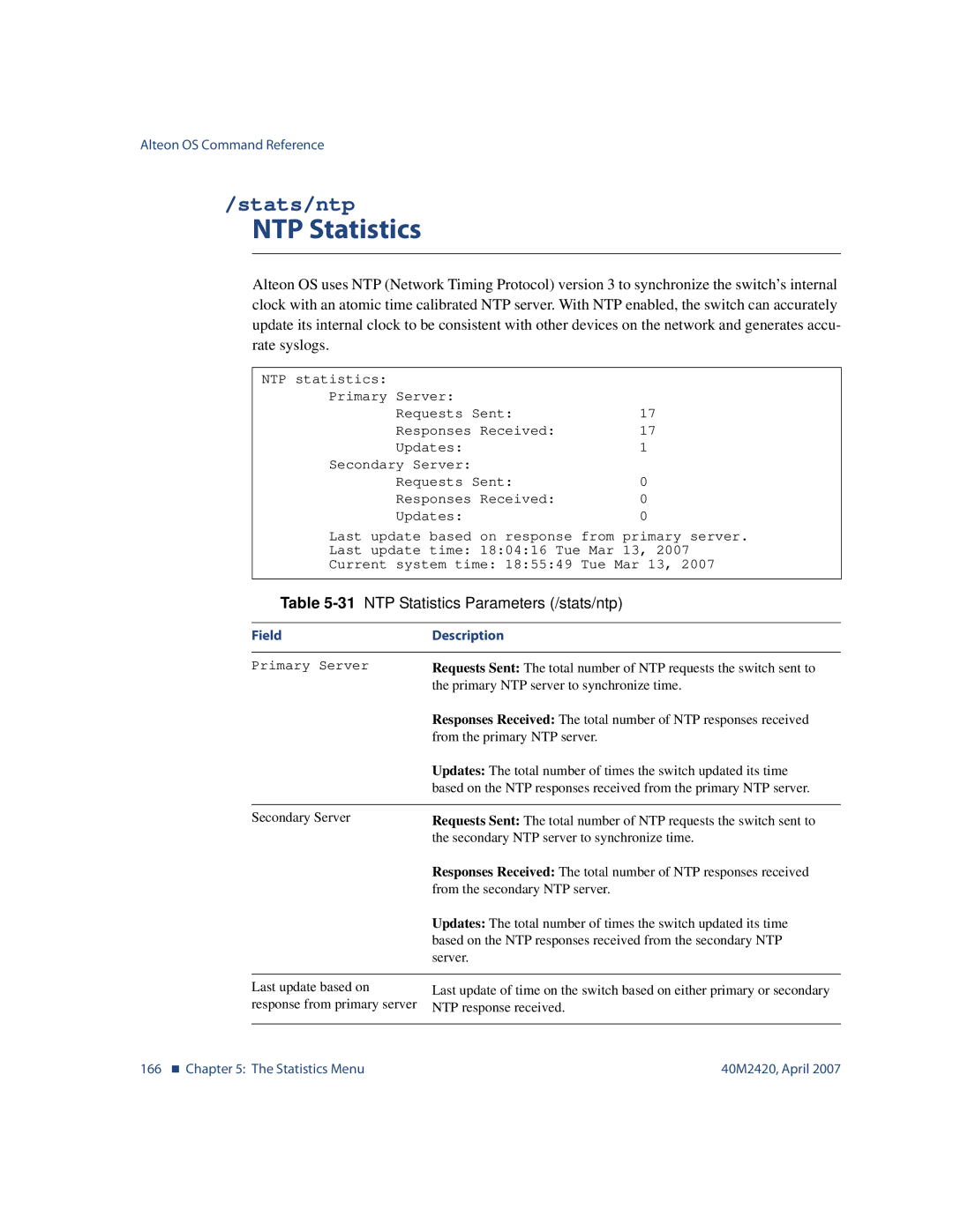 Nortel Networks 40M2420 manual Stats/ntp, 31NTP Statistics Parameters /stats/ntp 