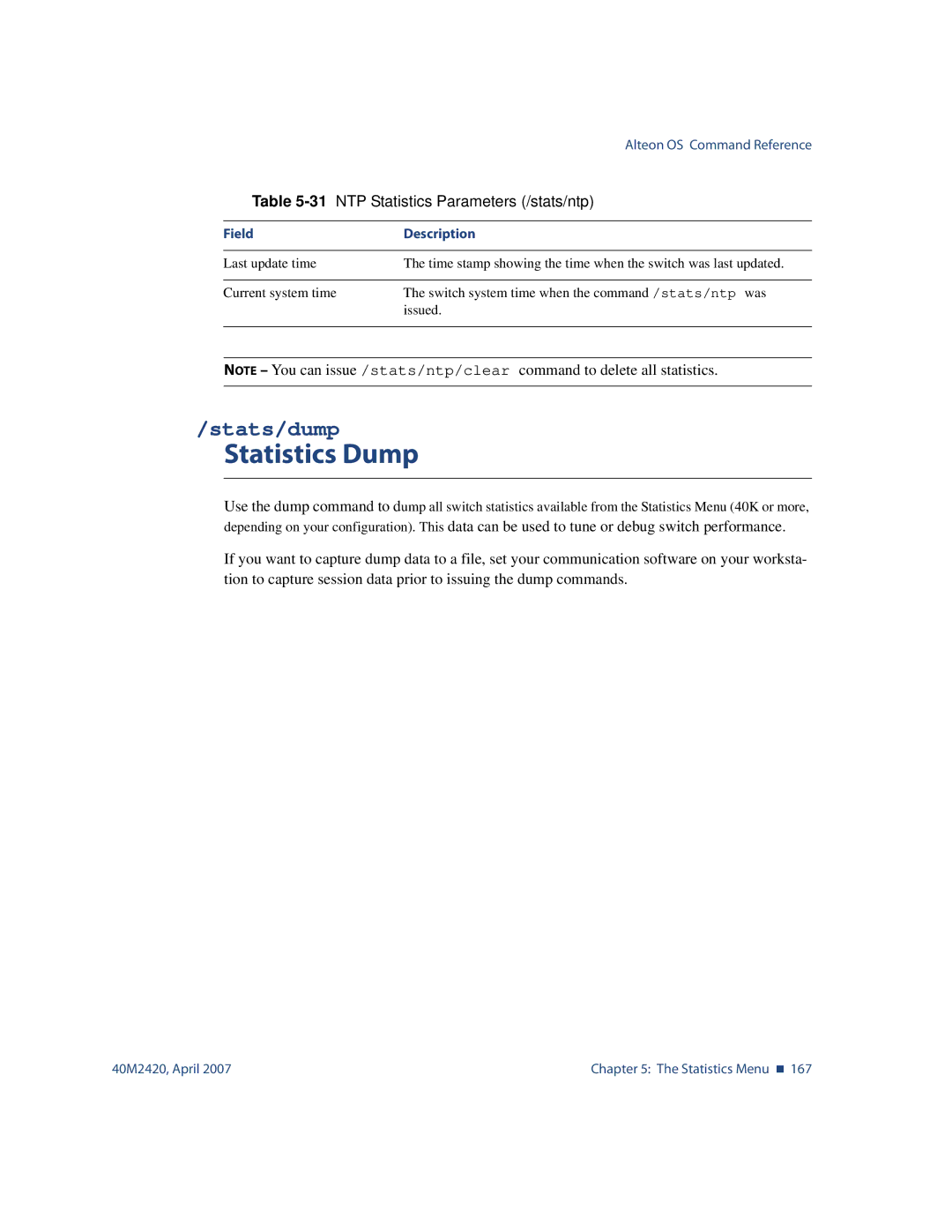 Nortel Networks 40M2420 manual Statistics Dump, Stats/dump, NTP Statistics Parameters /stats/ntp 