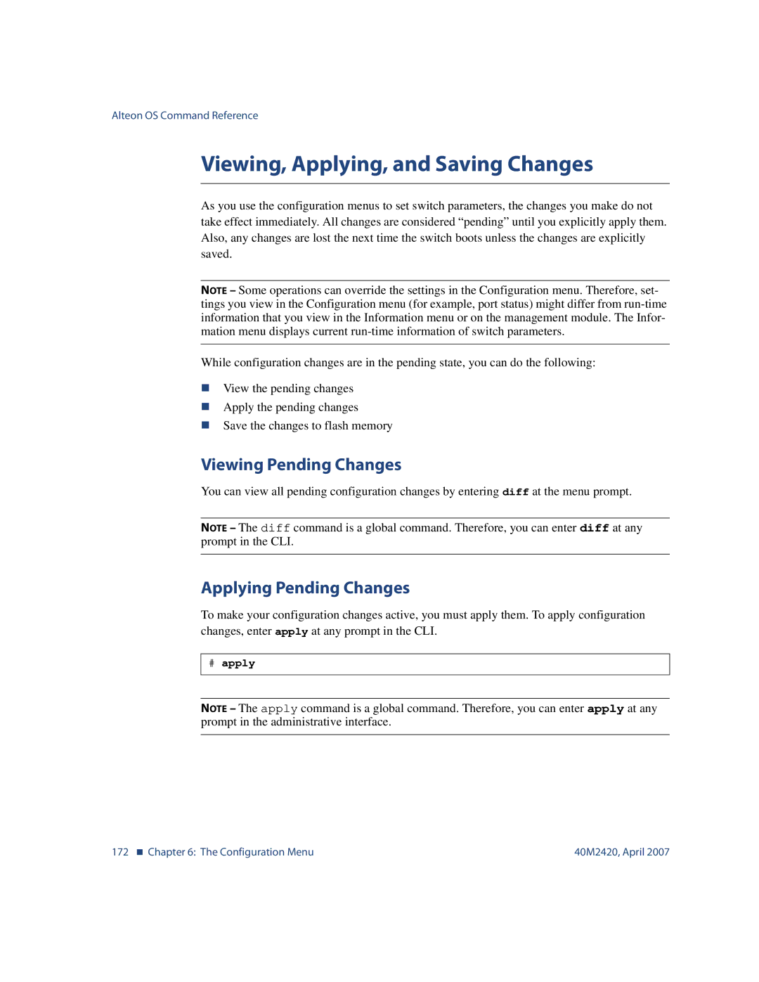 Nortel Networks 40M2420 Viewing, Applying, and Saving Changes, Viewing Pending Changes, Applying Pending Changes, # apply 