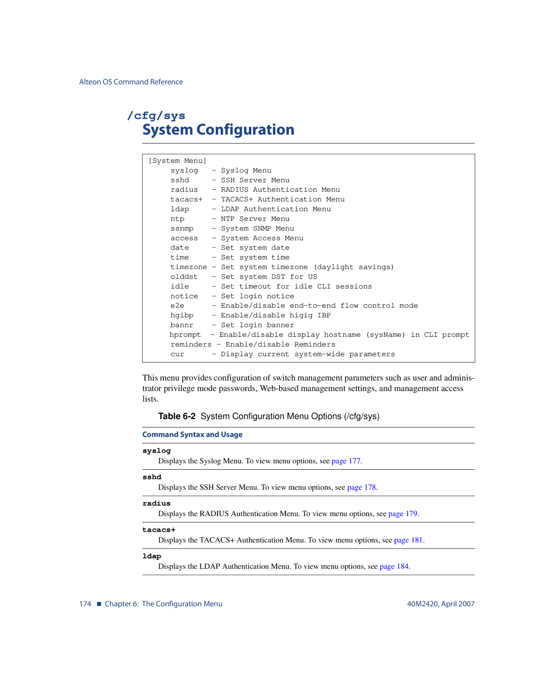 Nortel Networks 40M2420 manual Cfg/sys, 2System Configuration Menu Options /cfg/sys 