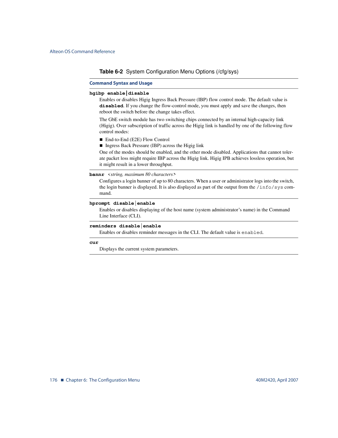 Nortel Networks 40M2420 manual Hgibp enabledisable, Bannr string, maximum 80 characters, Hprompt disableenable 