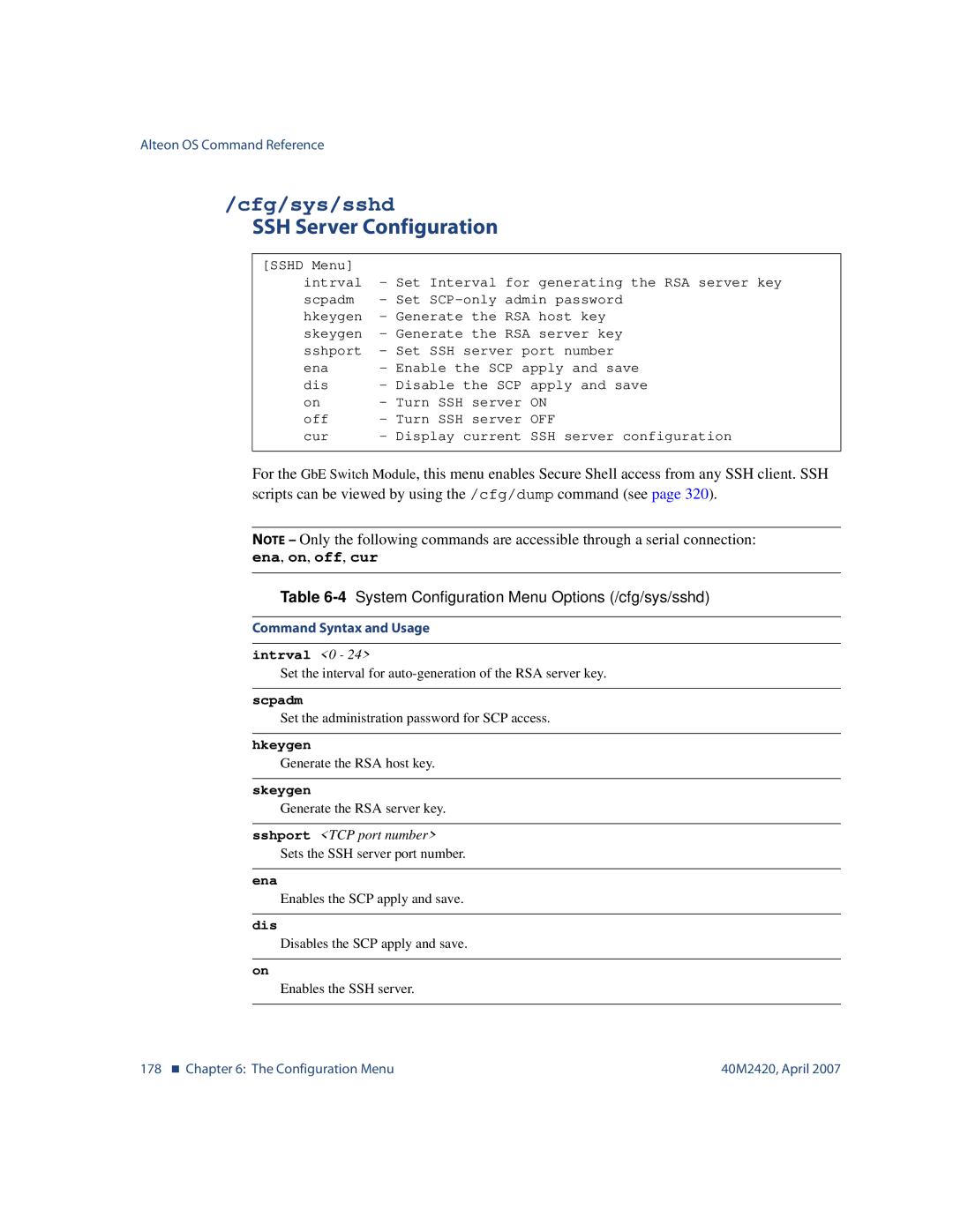 Nortel Networks 40M2420 manual Cfg/sys/sshd, SSH Server Configuration, 4System Configuration Menu Options /cfg/sys/sshd 