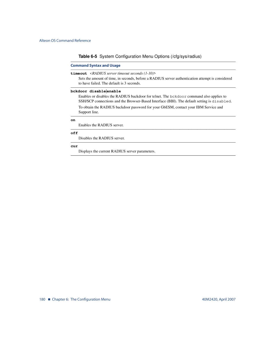 Nortel Networks 40M2420 manual Timeout Radius server timeout seconds, Bckdoor disableenable 